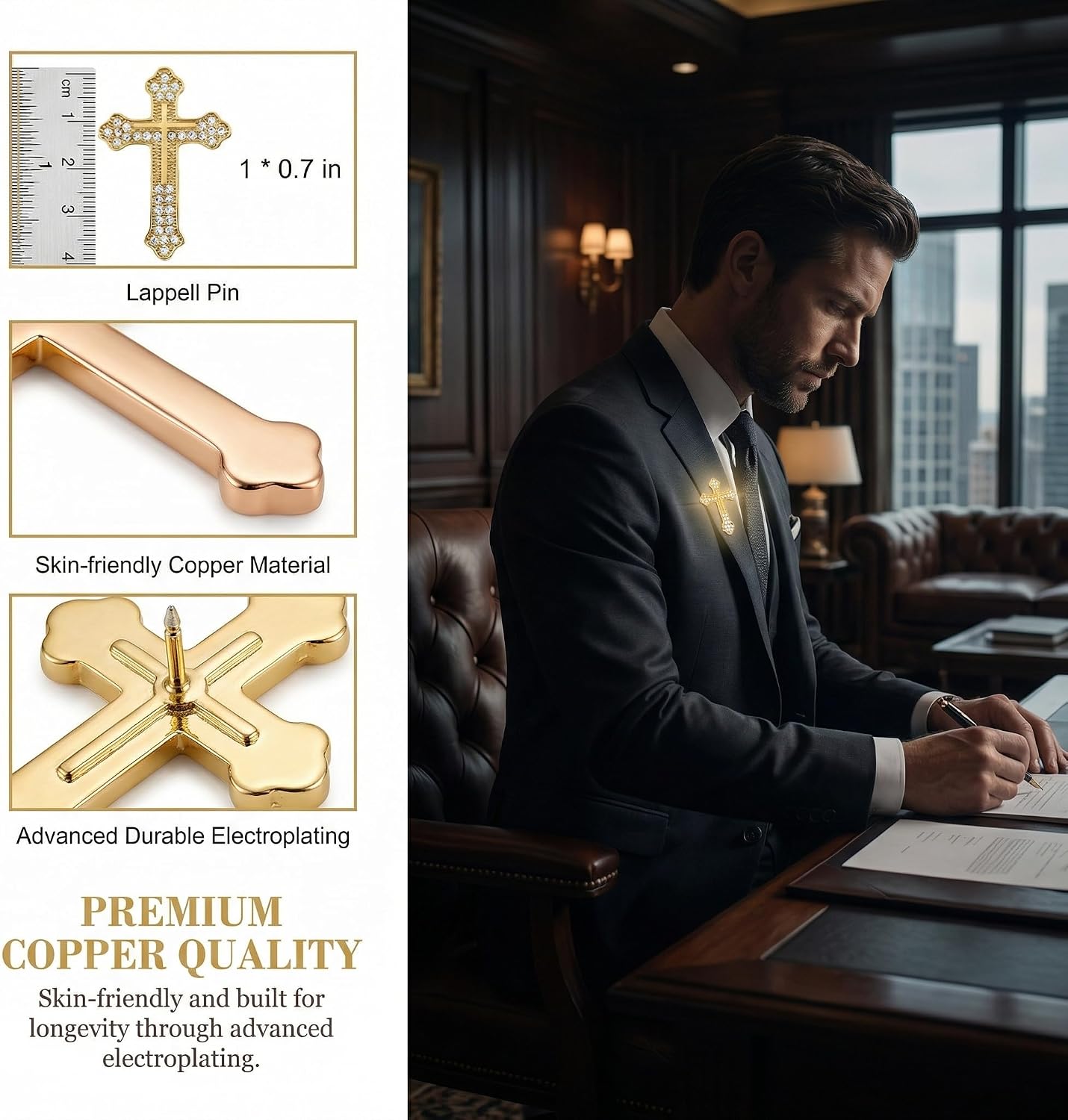 Gold Cross Pin, Rhinestone Lapel Pin Tie Tack For Men Women, Sparkling Alloy Brooch Pins For Suit Shirt Hat Uniform, Classic Cross Jewelry For Funeral Church Pray Public Event