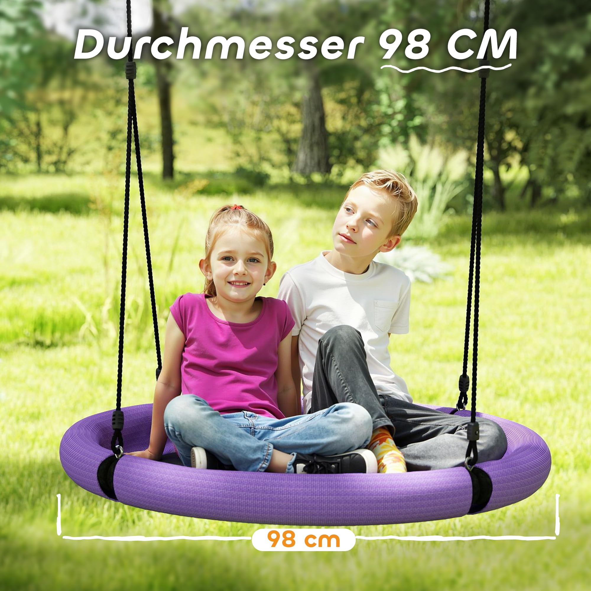 AIYAPLAY Nestschaukel Ø98 cm Höhenverstellbare bis 150 kg Lila+Schwarz | Gartenschaukel, Langlebig & Wetterfest Tellerschaukel, Hängeschaukel, Kinderschaukel, Outdoor Indoor, für Kinder Erwachsene