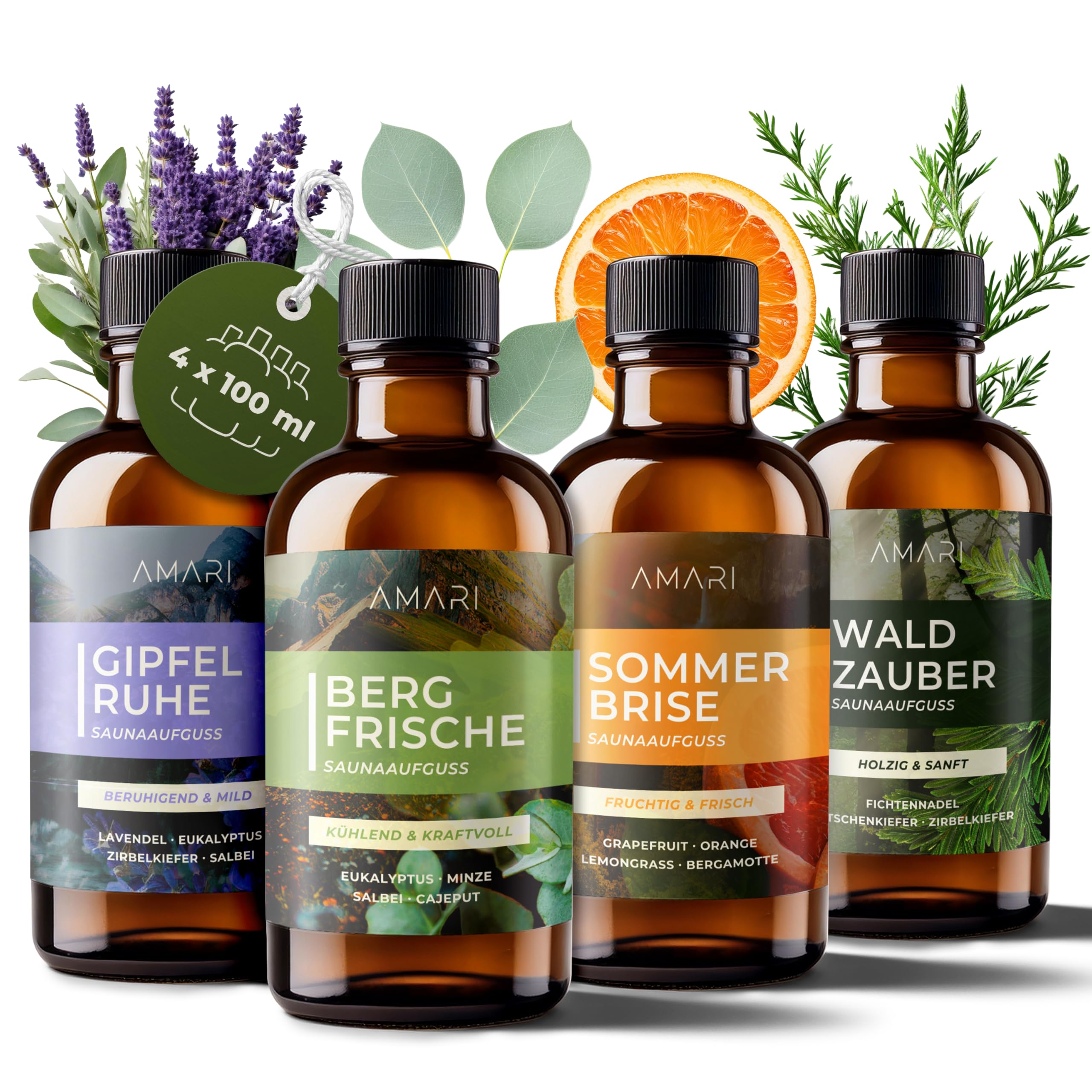 Amari ® Saunaaufguss Set Alpenglück – natürliche Saunadüfte mit Bio-Ethanol – Naturreine Ätherische Öle – Aufgussmittel, Sauna, Saunaöl, Duftöl