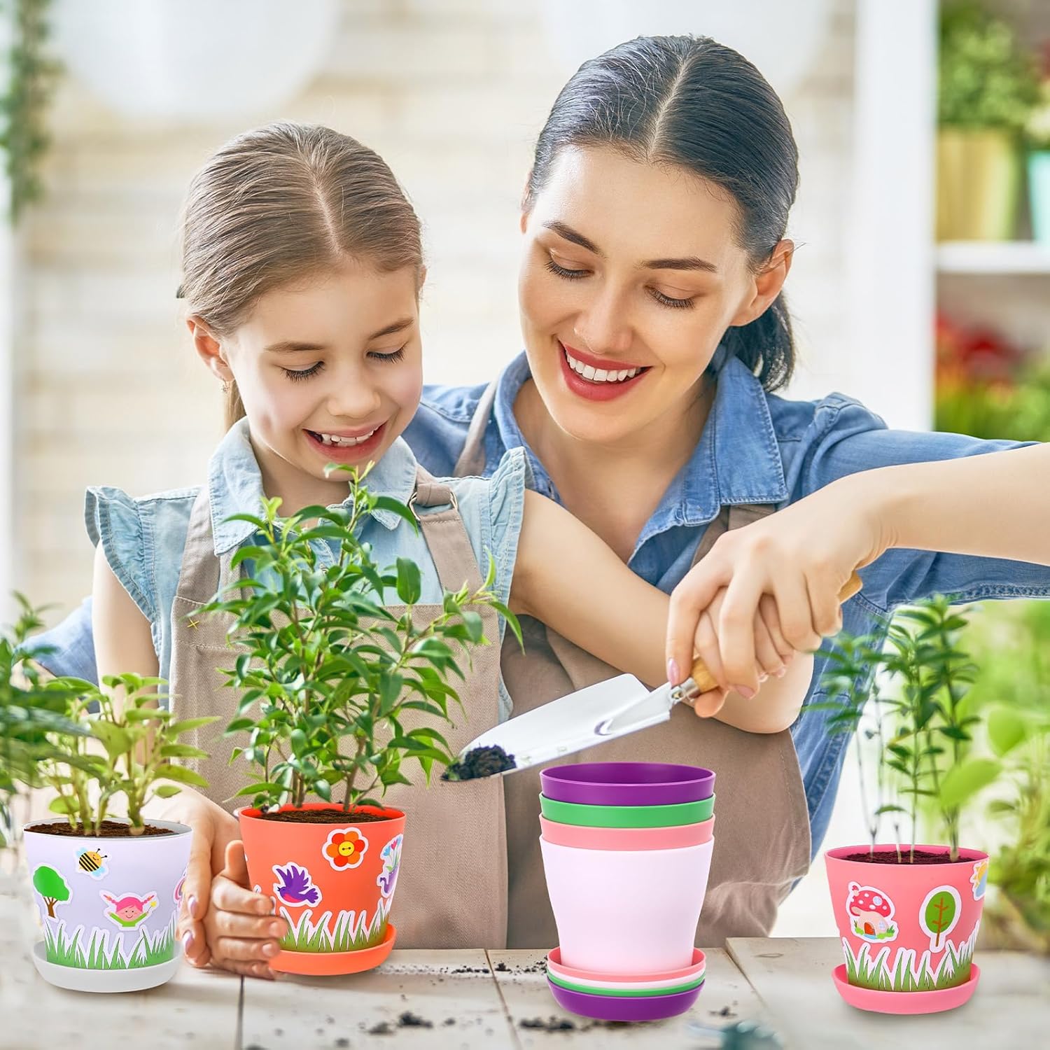Domensi 12 Pack Garden Pot Craft Kit 4 Inch DIY Spring Crafts for Kids Bulk Plastic Flower Plant Pot Plastic Planter with Tray Drainage Holes with Tag, Certificate of Award, Sticker (Multicolor)