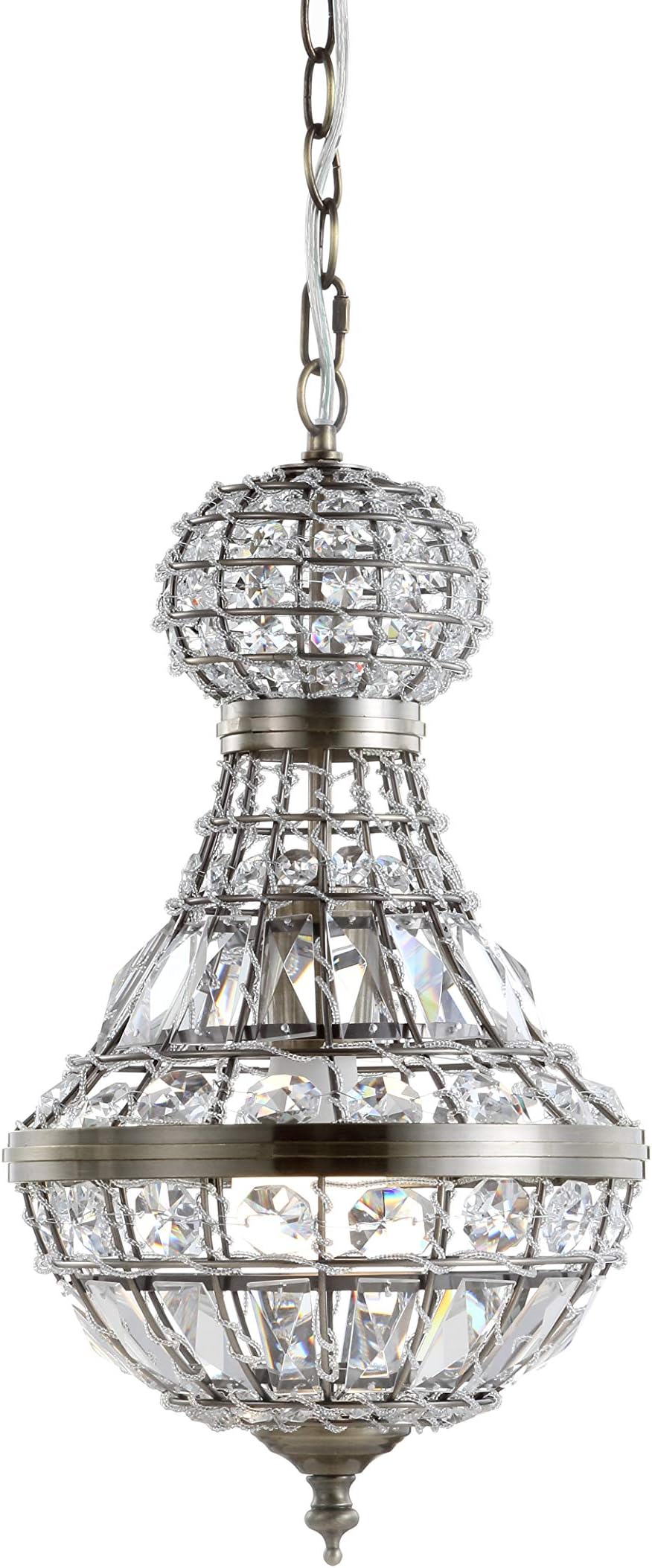 12" Antique Brass/Clear Regina Empire LED Pendant Light, Glam Adjustable Hanging Chandelier for Dining Room Kitchen Foyer, Clear Crystal Shade, LED Bulb Included (JYL6109A)