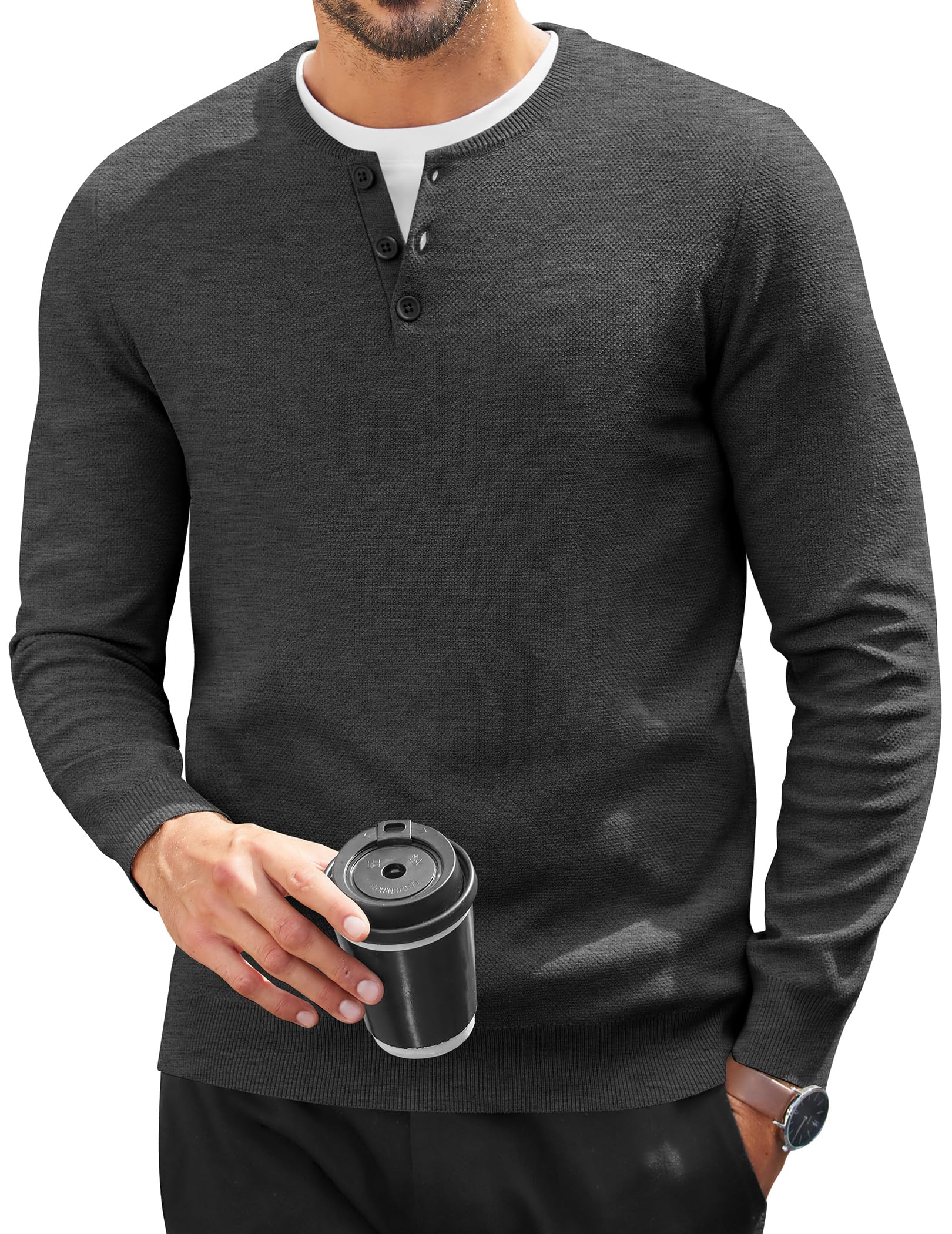 COOFANDY Herren Henley Pullover Knopfleiste Strickpullover für Herren Langarm Winter Arbeitspullover Männer Einfarbig Pulli Basic Sweater Regualr Fit