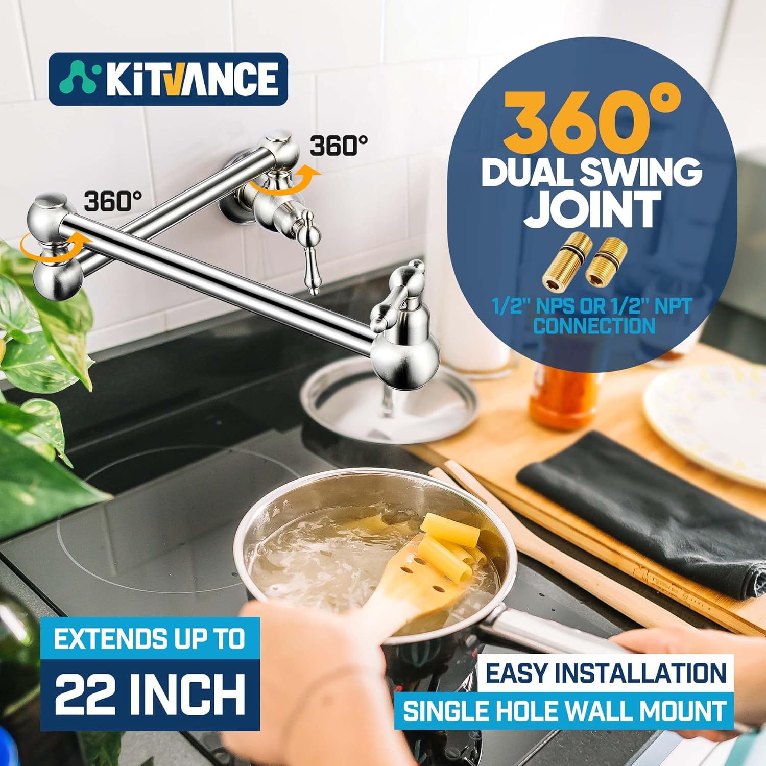 Pot Filler Faucet Brushed Nickel, Wall Mount Kitchen Sink Pot Filler Faucet, Commercial Brass Stove Faucet, Folding Kitchen Sink Faucet Stretchable with Double Joint Swing Arms