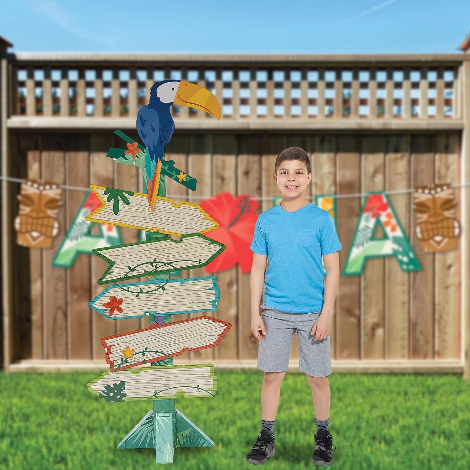 Fun Express Tropical Party Decorations Directional Sign - Hawaiian Luau Party Supplies & Tiki Decor for Indoor Outdoor Use | Aloha Welcome Sign for Birthday Celebration & Island Themed Events