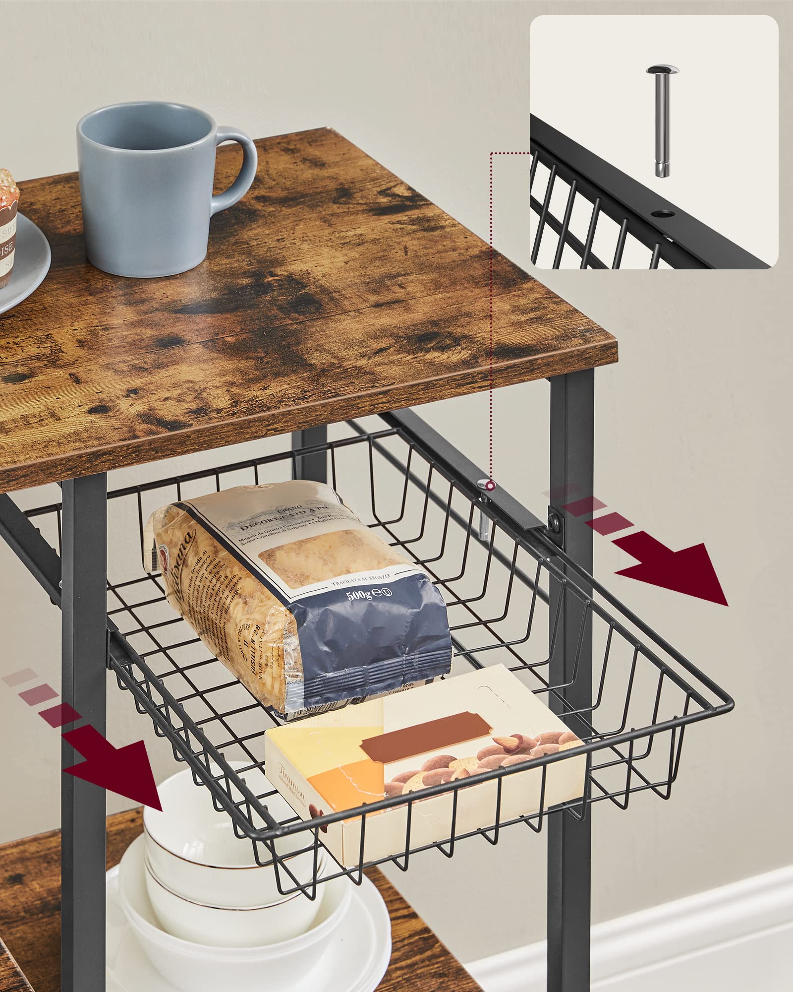VASAGLE Scaffale da Cucina, Supporto per Forno a Microonde, Mobile Cucina, Cestino a Filo Metallico, 6 Ganci, per Spezie Pentole Padelle, 40 x 90 x 134 cm, Marrone Vintage e Nero KKS35X
