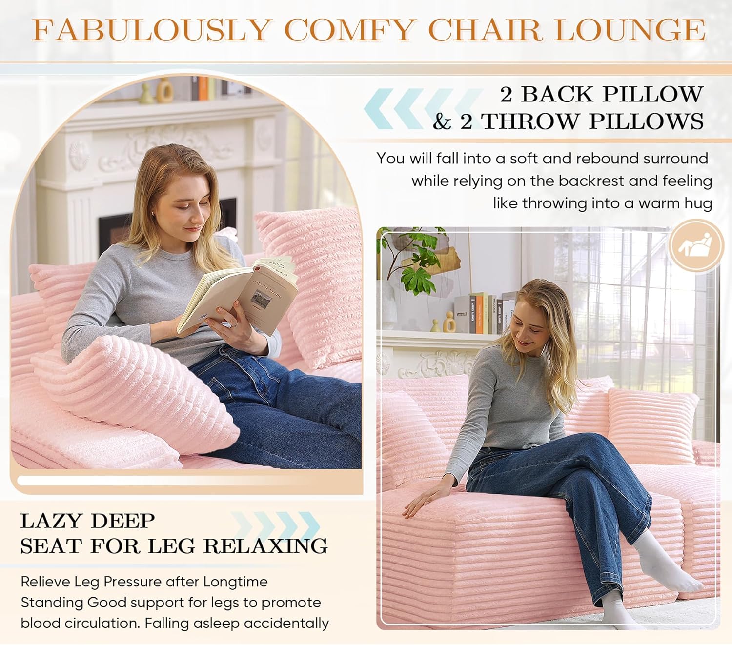 Antetek Oversized Chaise Lounge Chair Indoor, Modern 78-inch Upholstered Corduroy Love Seat Sofa Bed with 4 Throw Pillows and Armrests, Double Modular Sleeper Sofa Couch for Living Room Bedroom, Pink