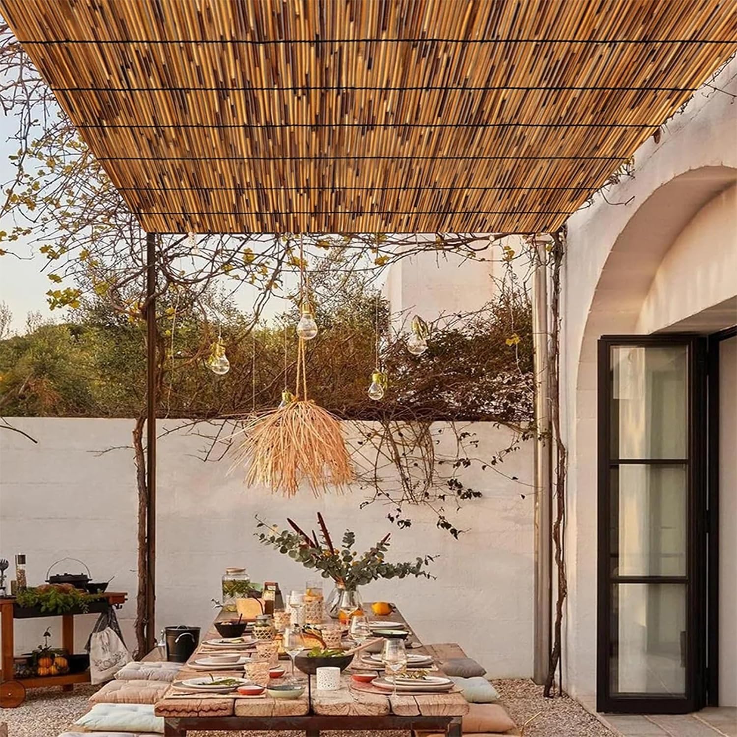 Rotolo di recinzione in bambù naturale, per la privacy, tessuto a mano, impermeabile, per esterni, 1,7 x 7 m (7,6 m di altezza), per cortile, patio e terrazza