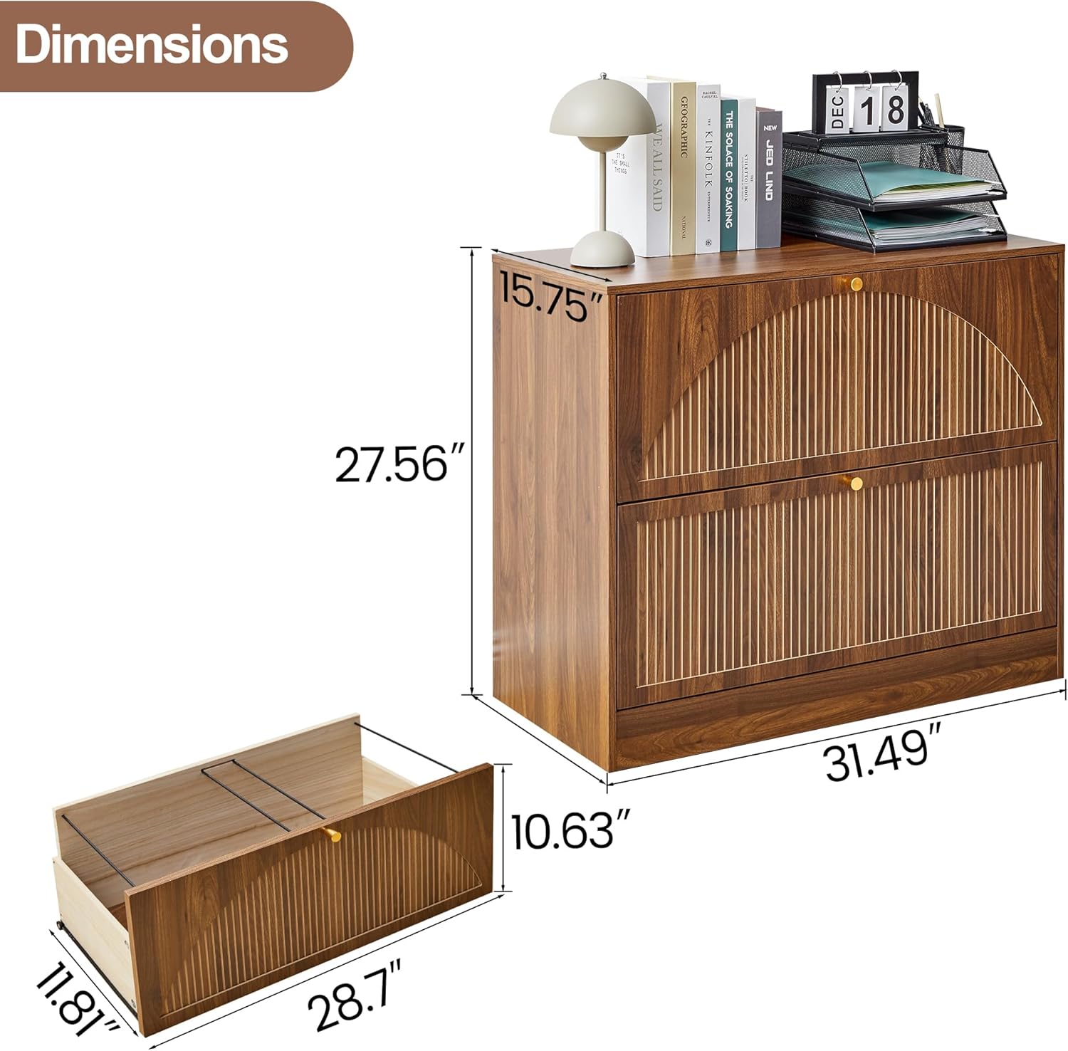 Fluted 2 Drawer Lateral File Cabinet, Office Wood File Cabinet & Printer Cabinet with Adjustable & Removable Hanging Rod for Letter/Legal/A4 (Walnut)