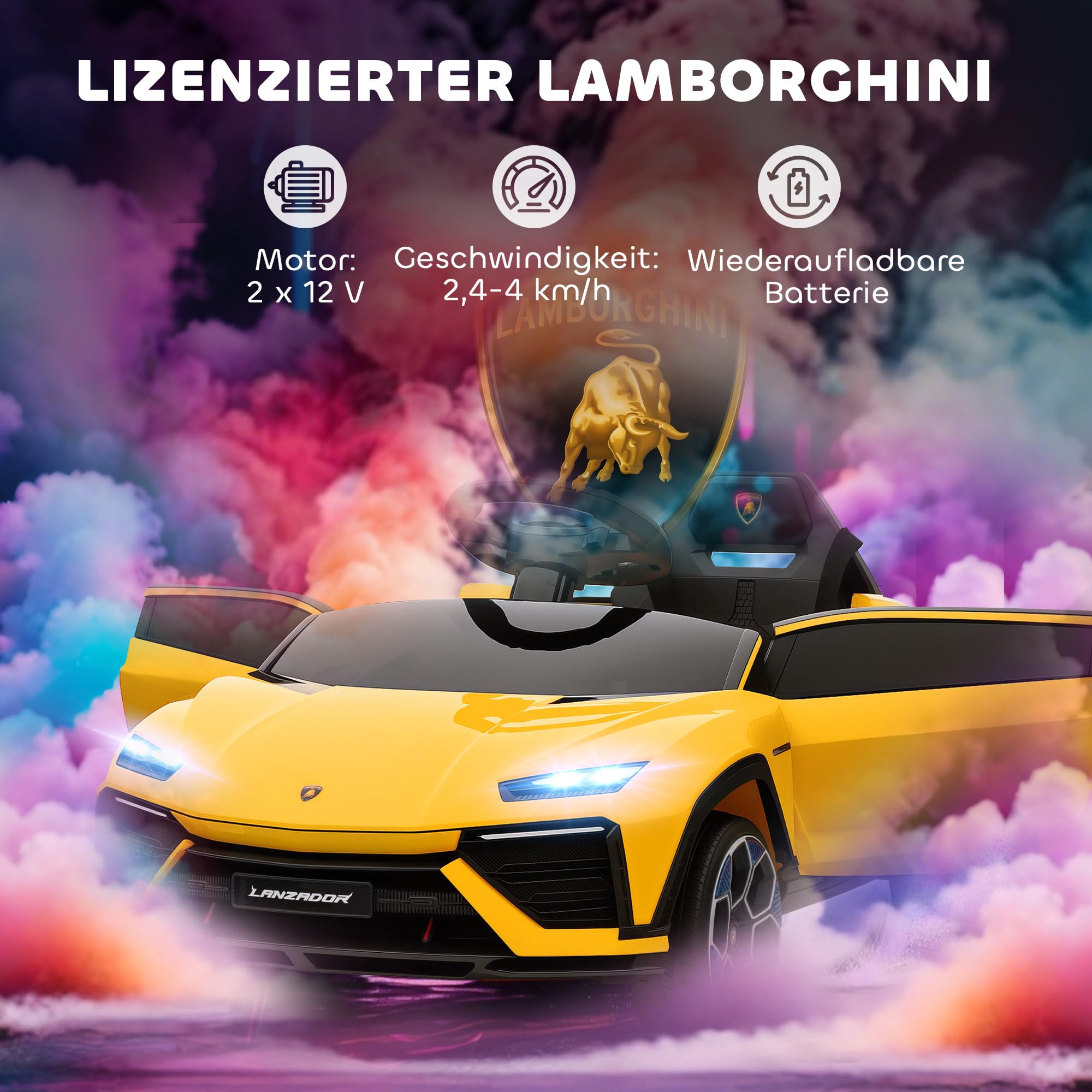 AIYAPLAY Samochód elektryczny dla dzieci 12V z pilotem 2,4 GHz, 2 silniki, pojazd dziecięcy z klaksonem, LED, muzyką, miękkim startem, dla dzieci w wieku 3–6 lat, Żółty