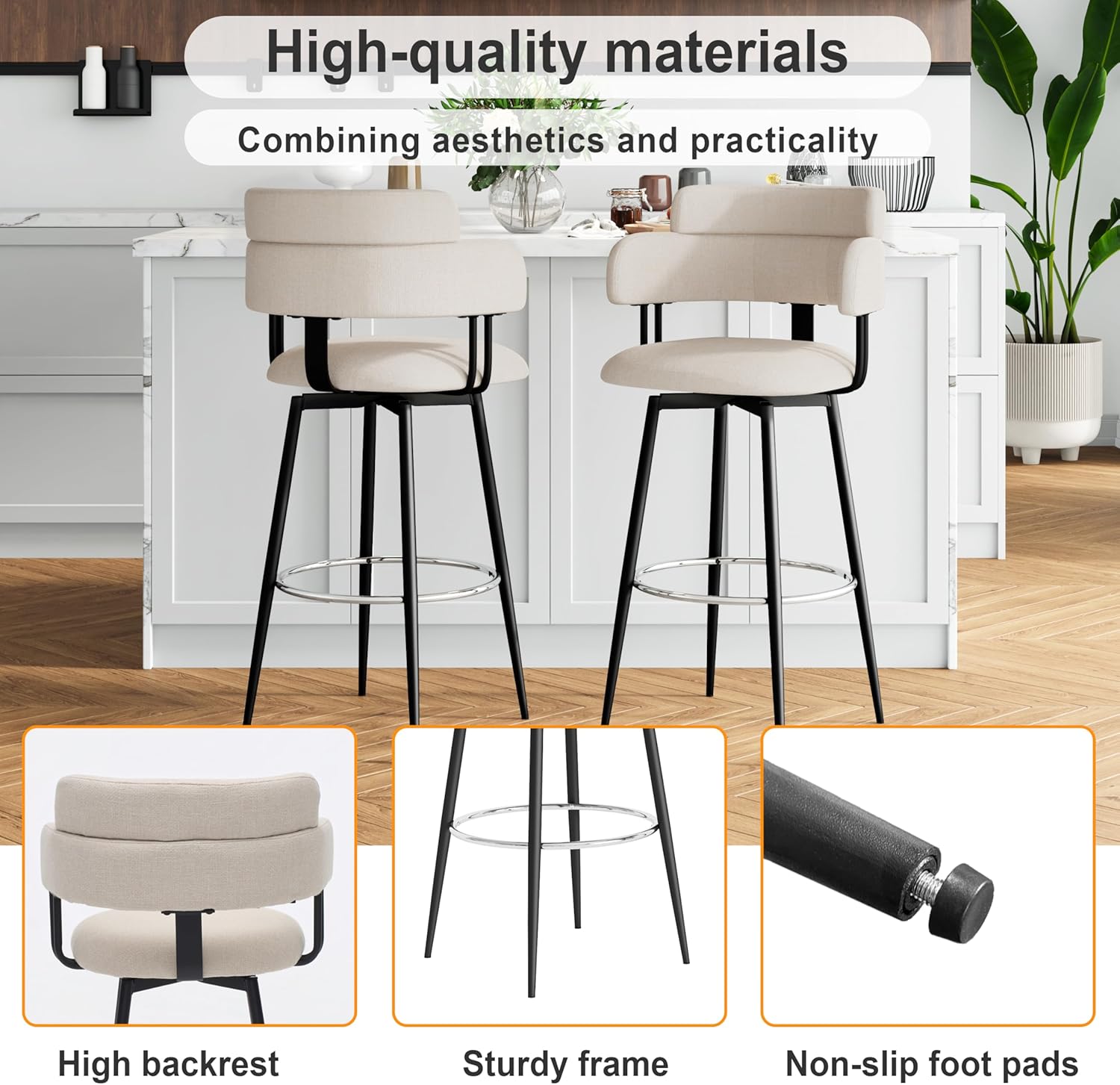 Swivel Bar Stools Set of 2 – Counter Height Bar Stools with Linen Upholstery, Ergonomic Backrest, and Chrome Metal Feet for Kitchen Island (Beige, 30" Barstools)
