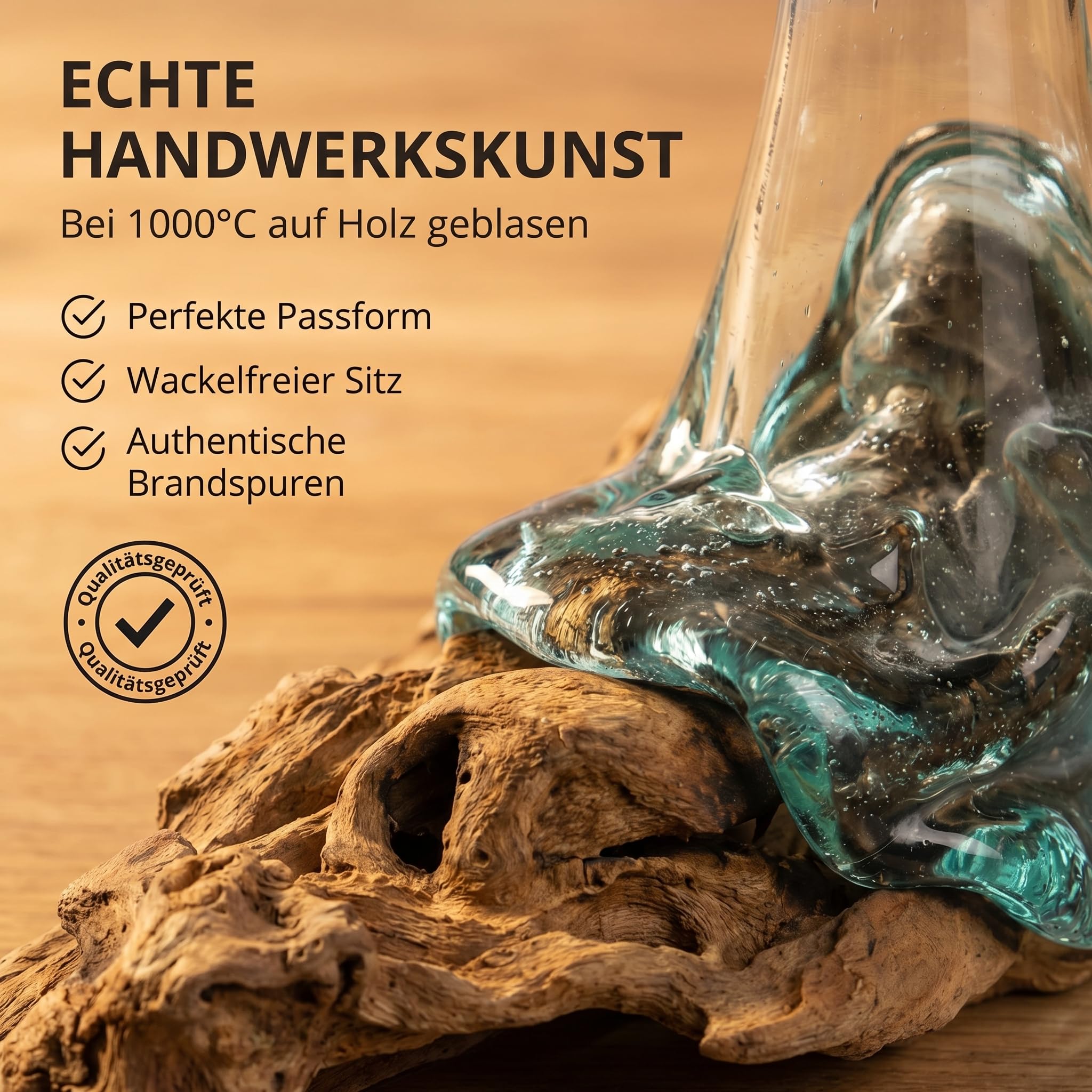 Vase auf Wurzelholz, B-Ware, Unikat Glasvase 25 cm mit abnehmbarem Glaseinsatz, handgefertigt aus Teakholz, Deko für Wohnzimmer & Büro, in Braun/Klar Vase M