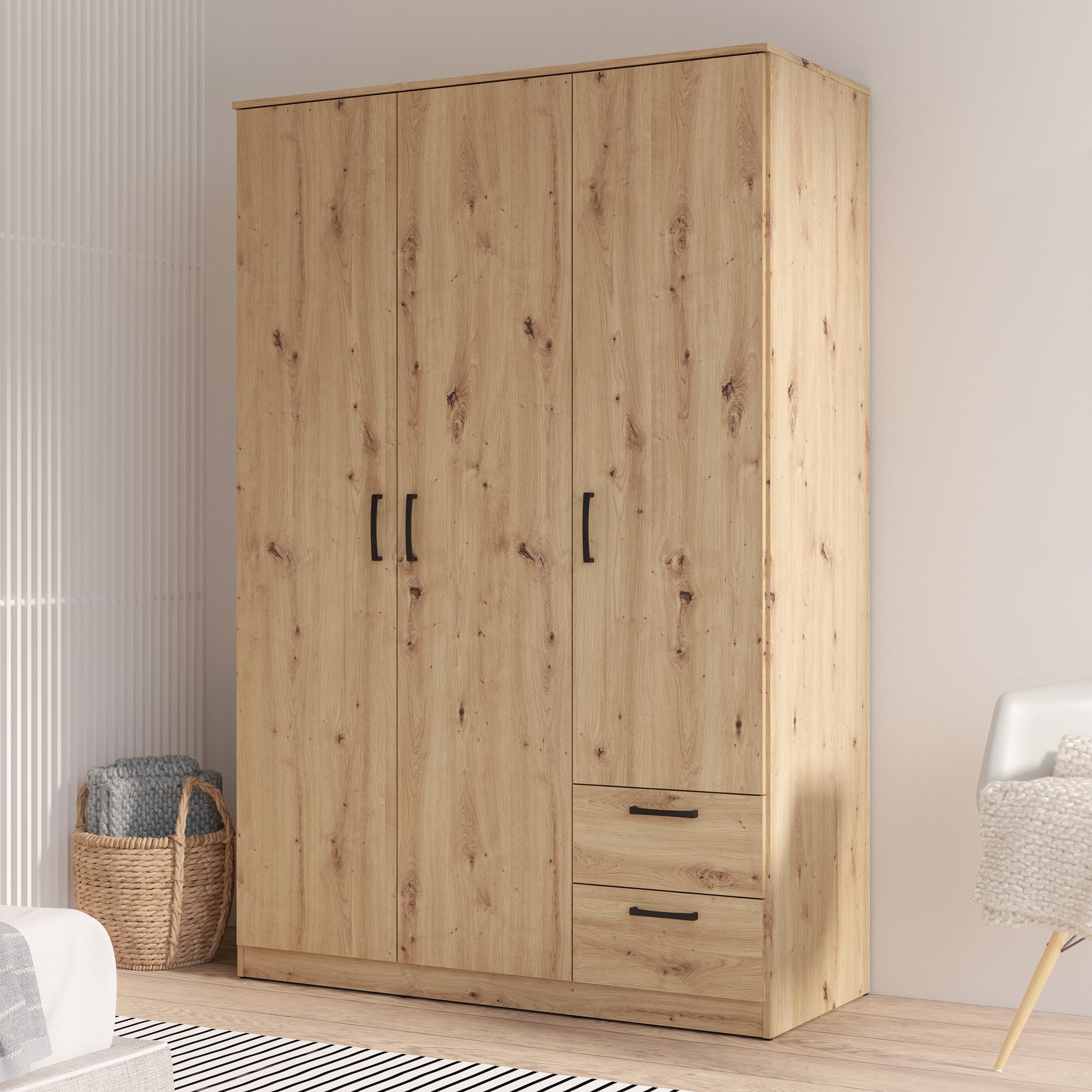 FORTE NIKO Kleiderschrank 122, Schrank im Scandi-Stil mit 3 Türen und 2 Schubladen, Holzwerkstoff, Artisan Eiche Dekor, 122 cm breit, 185 cm hoch, 52,7 cm tief