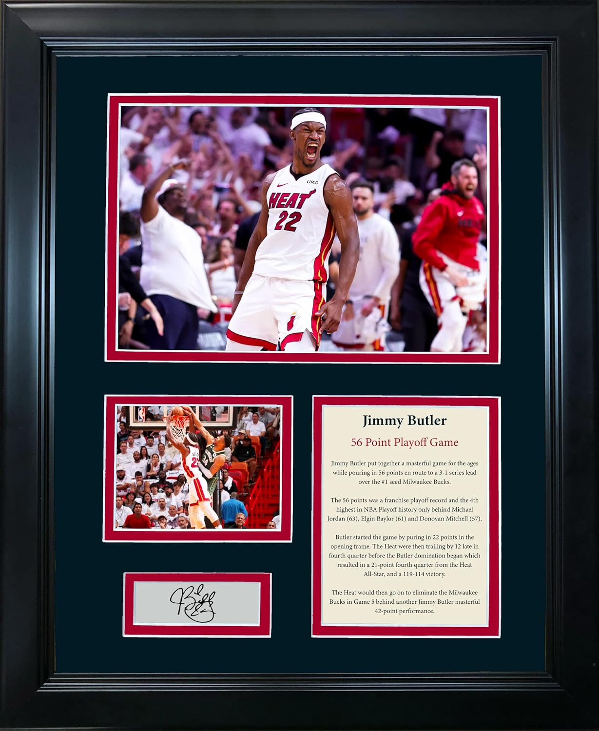 HOFSM.COM Hall of Fame Sports Memorabilia Framed Jimmy Butler 56 Point Playoff Game vs Milwaukee Bucks Facsimile Laser Engraved Signature Auto Miami Heat 11"x14" Basketball Photo Sig Collage
