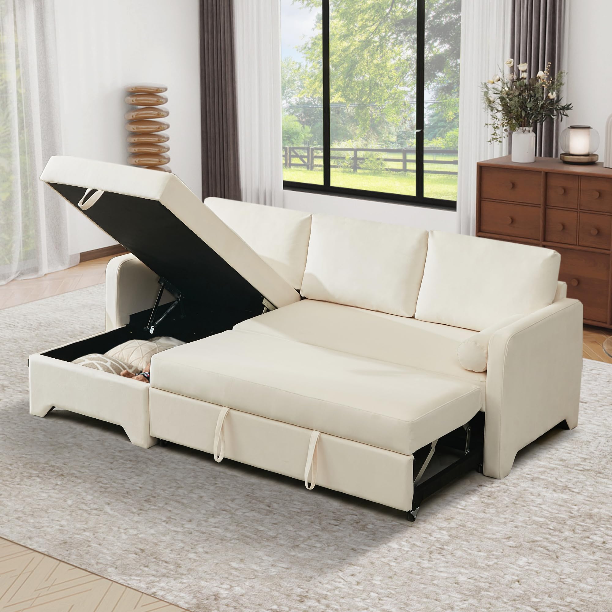 3 in 1 Sleeper Sofa Couch with Storage Chaise, Velvet Sofa Bed with Pull Out Bed, Convertible Sleeper Sofas for Living Room, Small Spaces, White