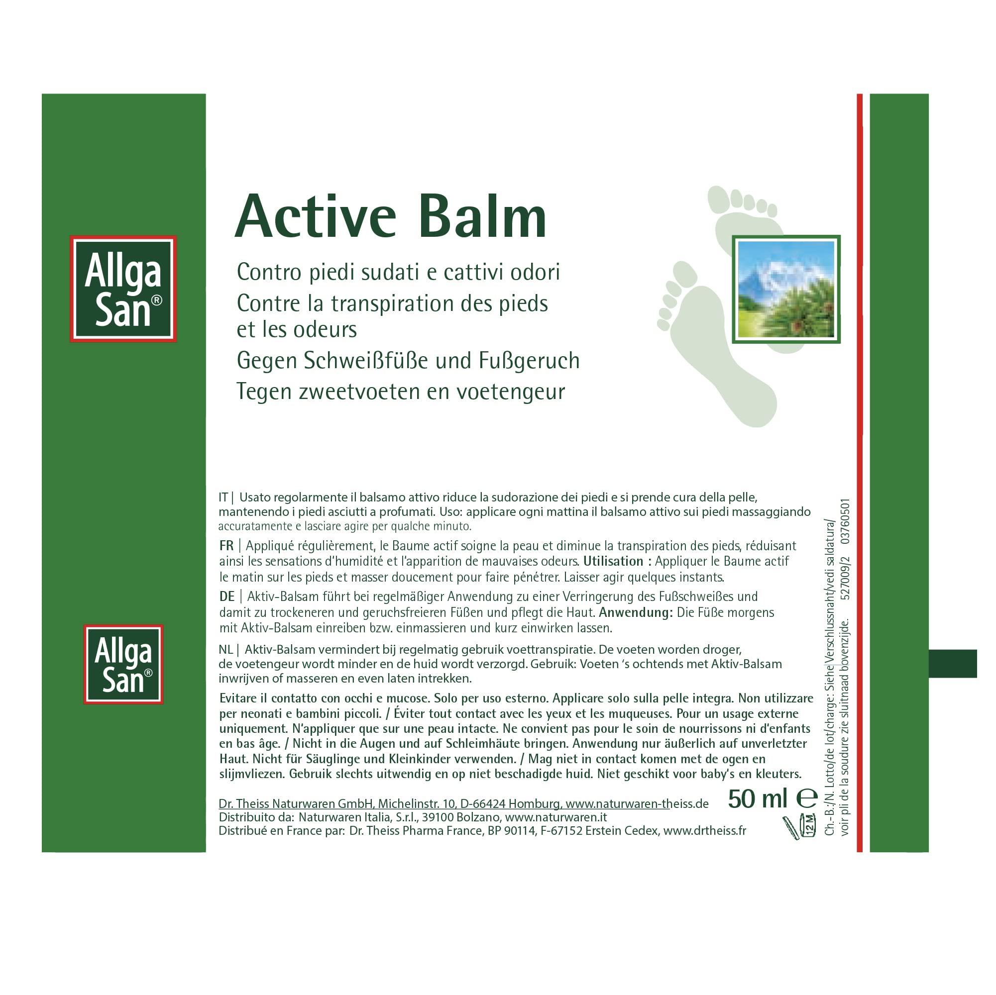 Allga San Activ Balm - Crema Piedi Antiodore, 50 ml - Deodorante Piedi per Sudore e Cattivo Odore, Balsamo Uso Quotidiano per Ridurre Sudorazione, Mantenere Piedi Asciutti e Profumati, Pelle Idratata