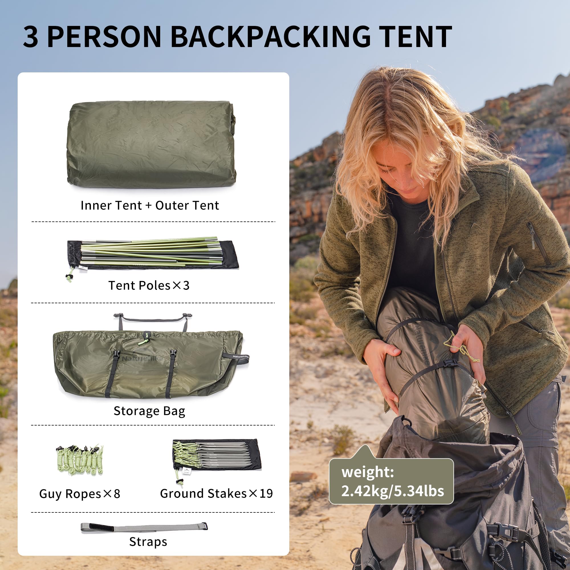 Naturehike Opalus UL - Tienda de campaña para 2/3 personas para 4 estaciones con área de 4.46㎡/5.55㎡, tienda familiar ligera con vestíbulo grande para camping, mochileros al aire libre