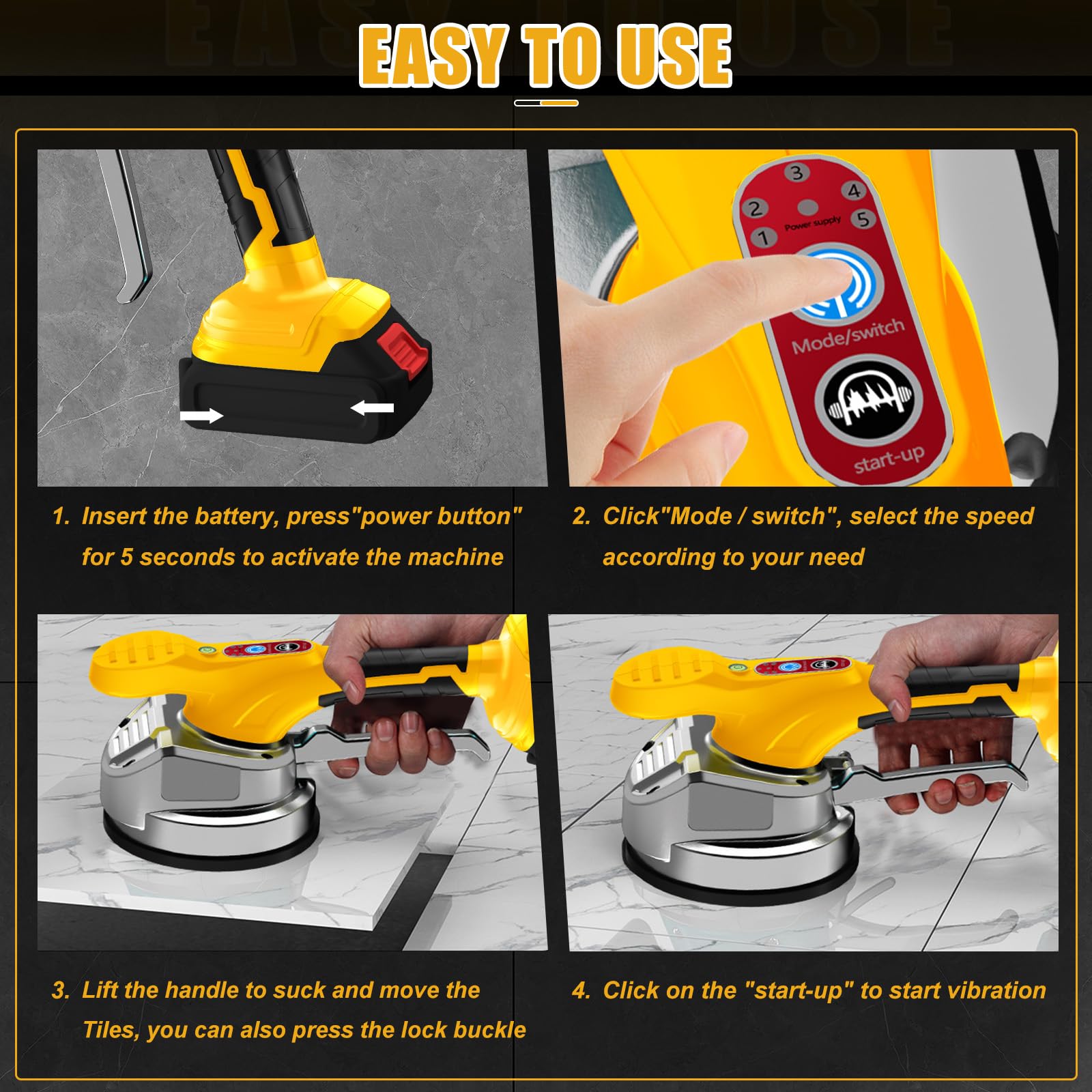 WingFly Fliesenrüttler für Dewalt 18V,20v Batterie, Fliesen Vibrationsgerät, Elektrische Fliesenvibrator 13 mm Saugnapf 6 Gänge Einstellbar 100kg Adsorption für 30-240cm Fliesen (Ohne Akku)