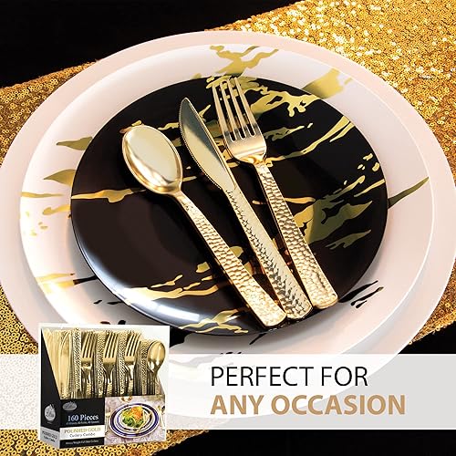 Miniatura 5 de Cubiertos de plástico extra pesados, desechables, combo de cubiertos de tamaño completo, guijarros dorados, 80 tenedores, 40 cucharas, 40 cuchillos,