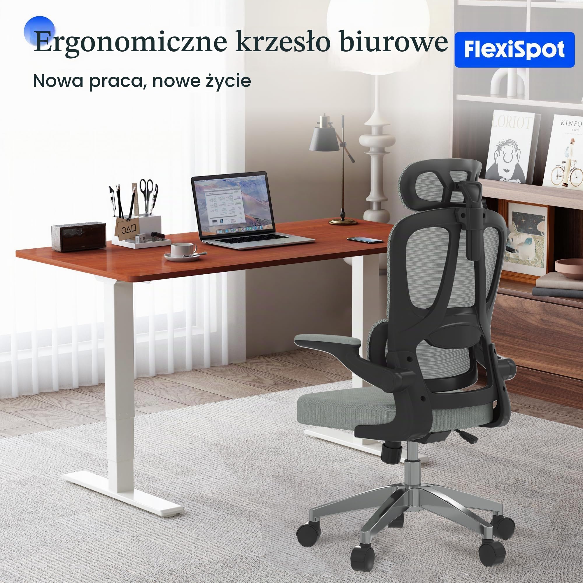 FLEXISPOT OC3 LITE Ergonomiczne krzesło biurowe, krzesło biurkowe z 2D podparciem pod głowę, składanymi podłokietnikami i dynamicznym podparciem lędźwiowym (Lite (Szara Pianka))