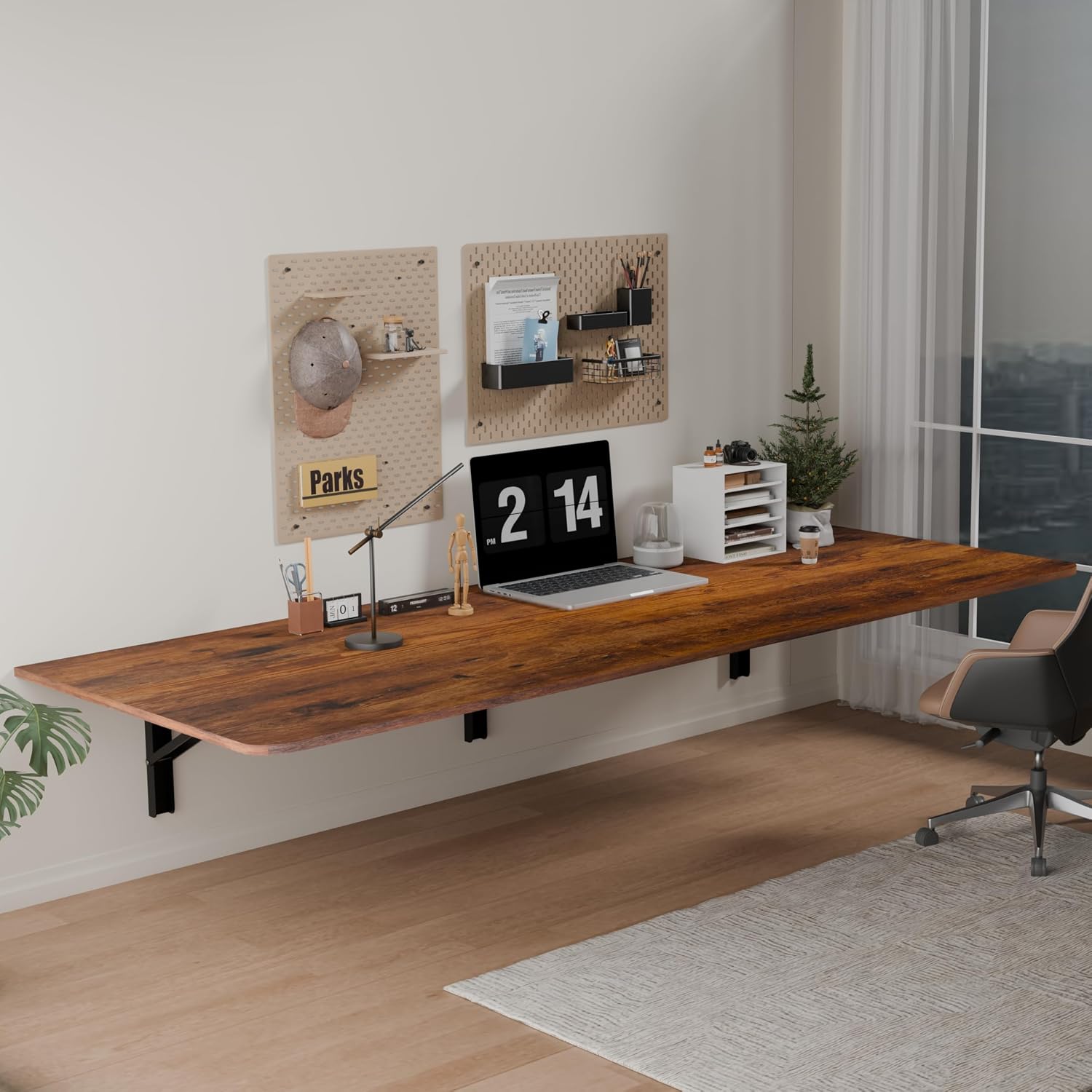 IAE 60x23in Floating Fold Desk,Wall-Mounted Folding Computer Table,Rustic | Study Table with Shelf Brackets,Foldable Down Shelf with Engineered Wood,Fold Computer Desk for Small Apartment,Holds 516 lb
