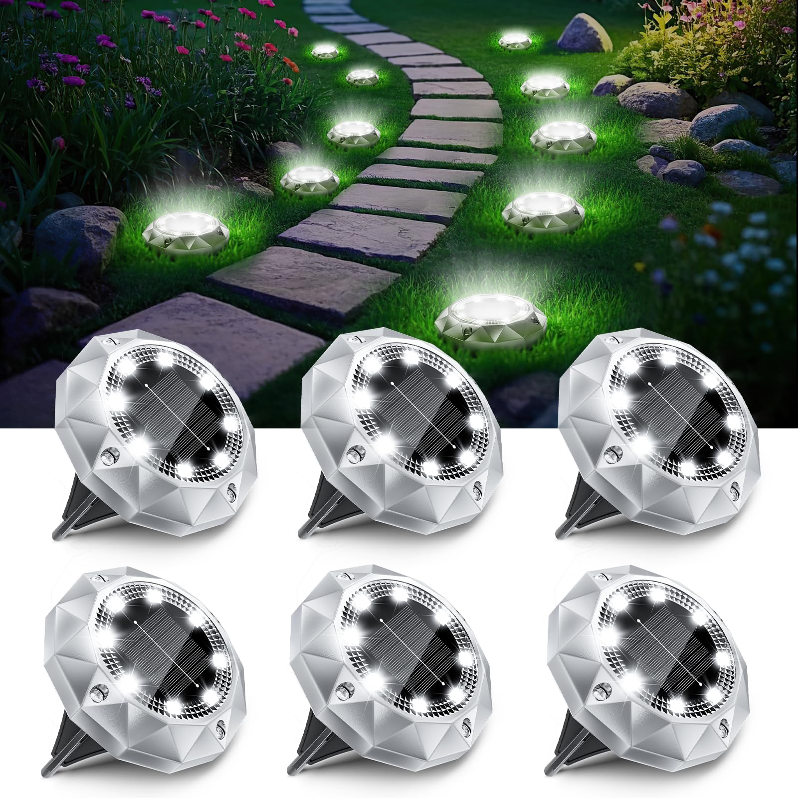 FIFlying 6 Pack Solar Ground Lights Outdoor, IP65 Waterproof Diamond LED Garden Lights