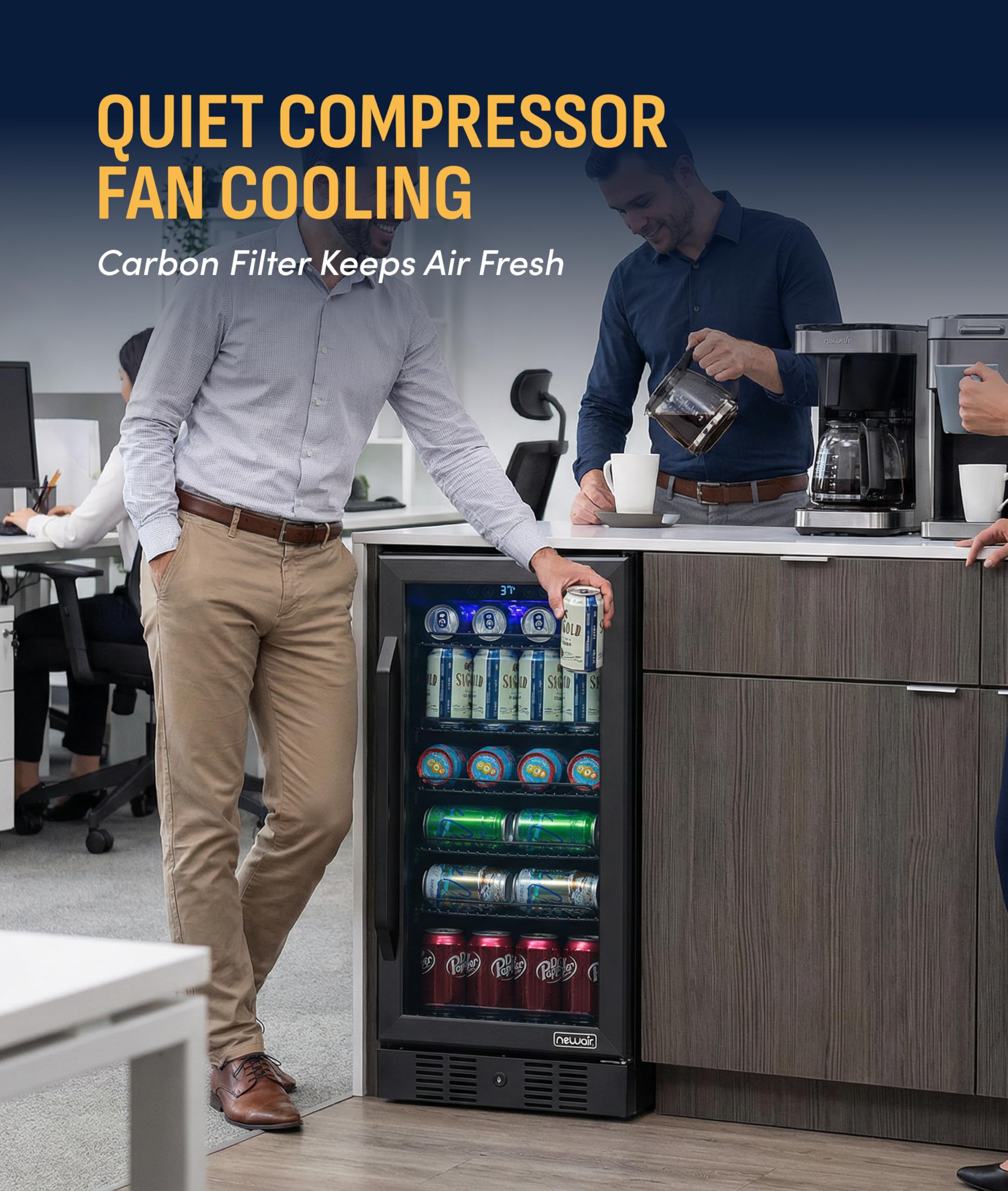 NewAir 96 Can Built-In Beverage Refrigerator | 15” Small Mini Fridge For Bedroom, Home Bar Or Office | Quiet Cooling & Precise Temperature Control | Black Stainless Steel on Fridge.com - View 6