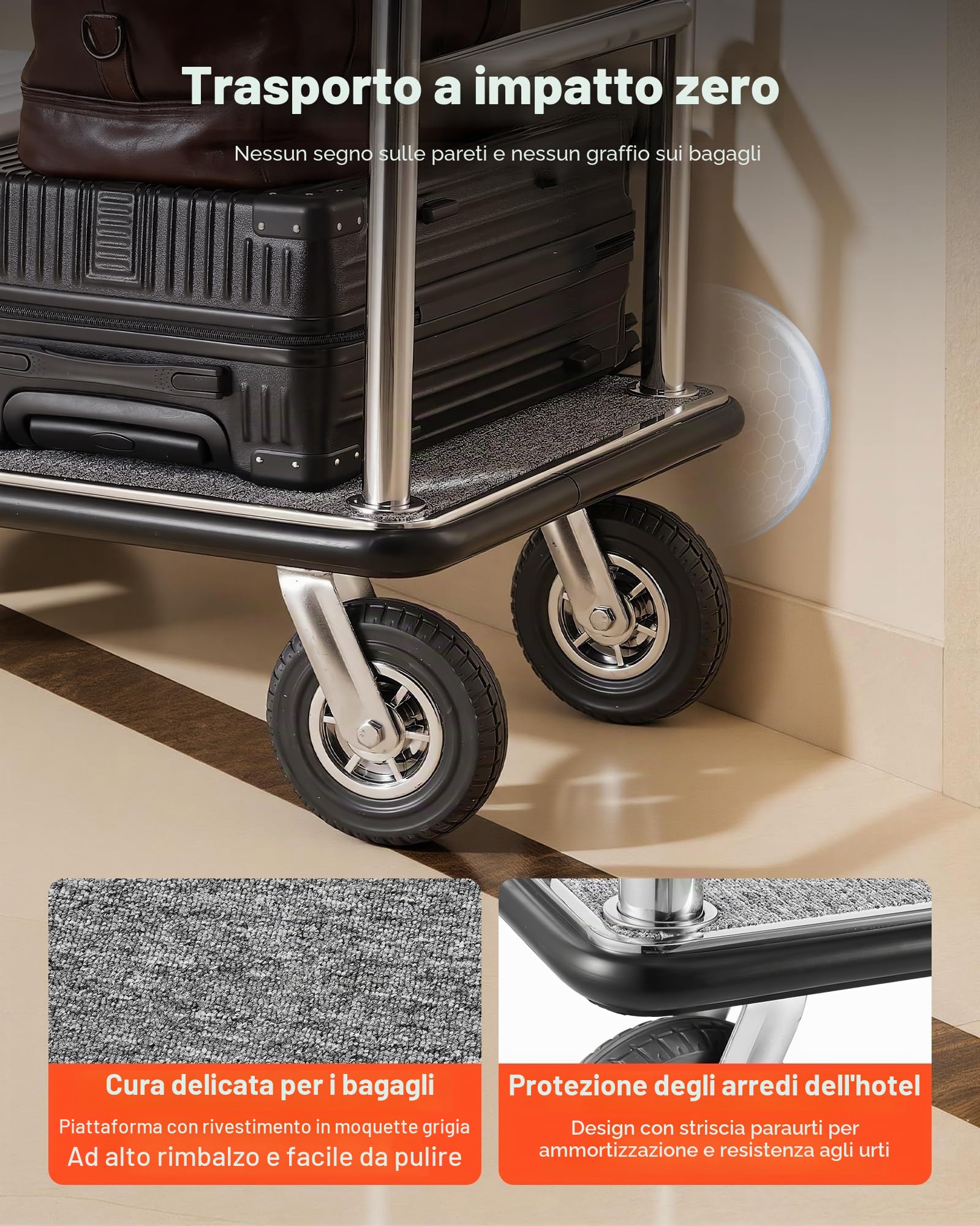 VEVOR Carrello Portavaligie per Hotel, Capacità di Carico di 544 kg Carrello Trasporto Portavaligie con Ponte in Moquette Grigia e Ruote in Gomma da 203,2 mm per Hotel, Condomini, Resort, Argento