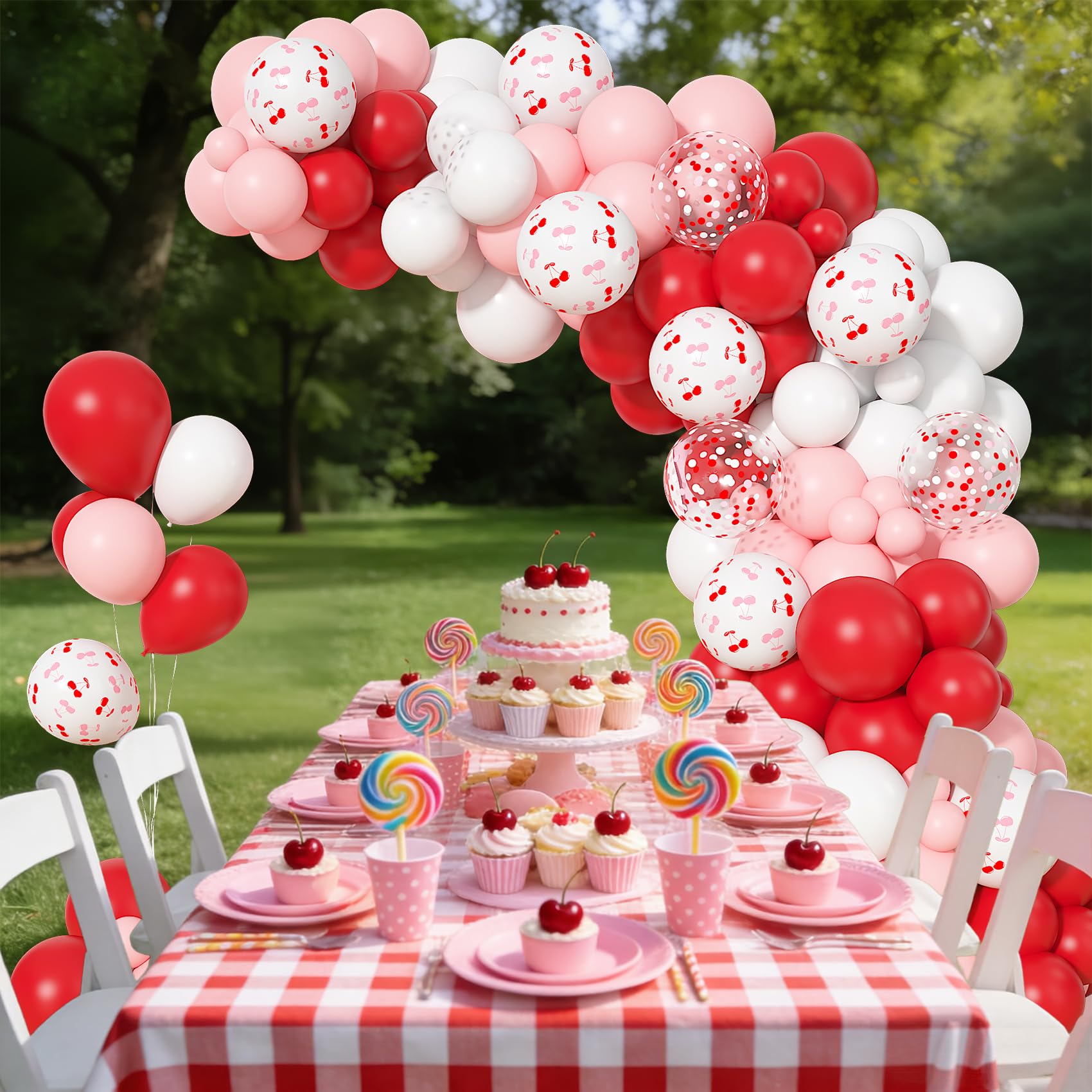 Kirschballons Set, Rot Rosa und Weiß Ballon mit 30,5 cm Kirsche Gedruckt Konfetti Ballons für Frauen Mädchen Geburtstag Party Dekoration Supplies