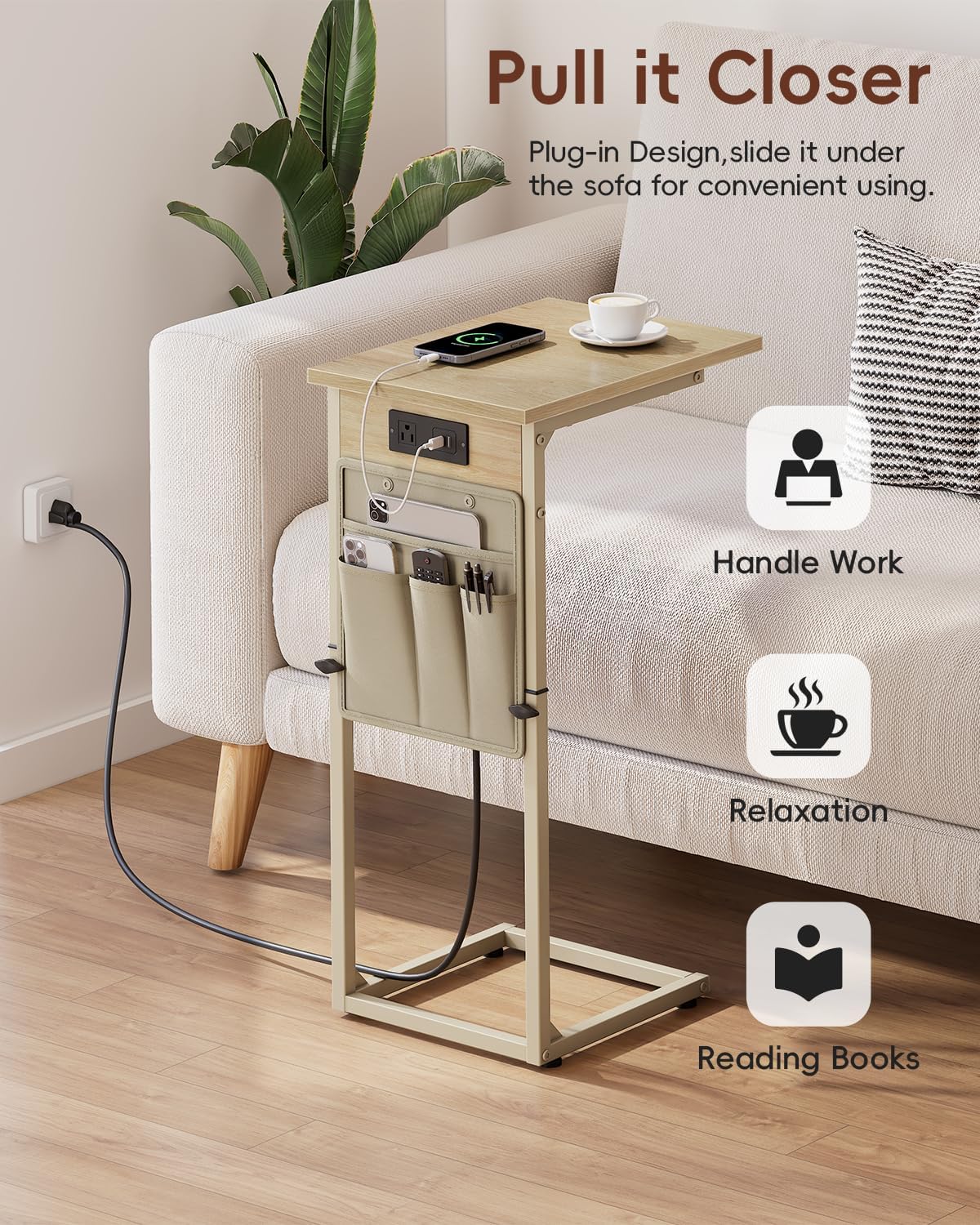 Vagusicc C Shaped End Table with Charging Station, Adjustable Height C Table End Table, Small Side Table for Couch, Couch Table Slide Under Sofa Table TV Tray Arm Table for Living Room,Bedroom,Natural