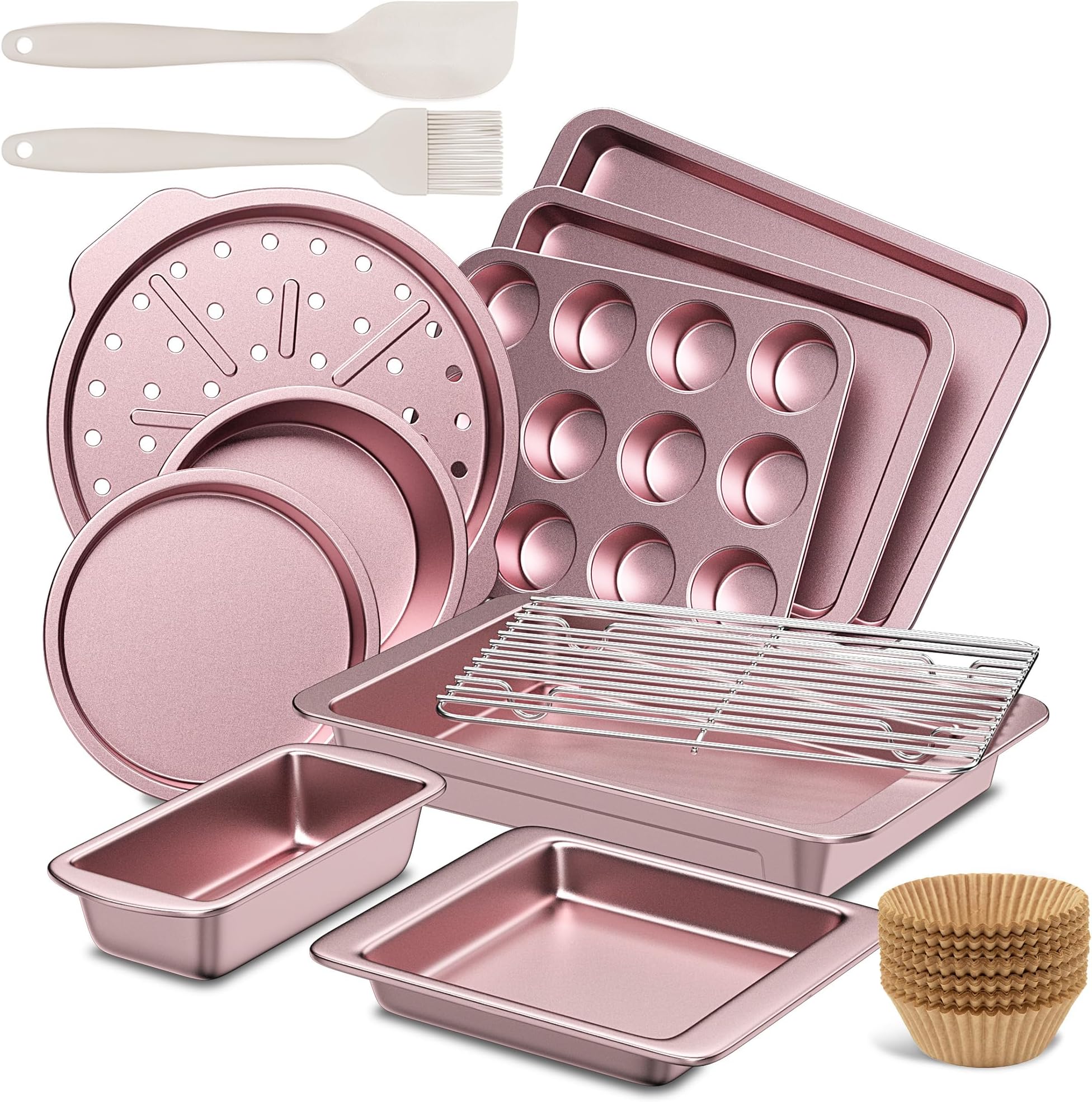 HONGBAKE Bakeware Sets, Baking Pans Set, 12 Pieces Nonstick Oven Pan with 120 Muffin Liners for Kitchen, Wider Grips, Including Rack, Cookie Sheet, Cake, Loaf, Muffin, Pizza Pan - Pink