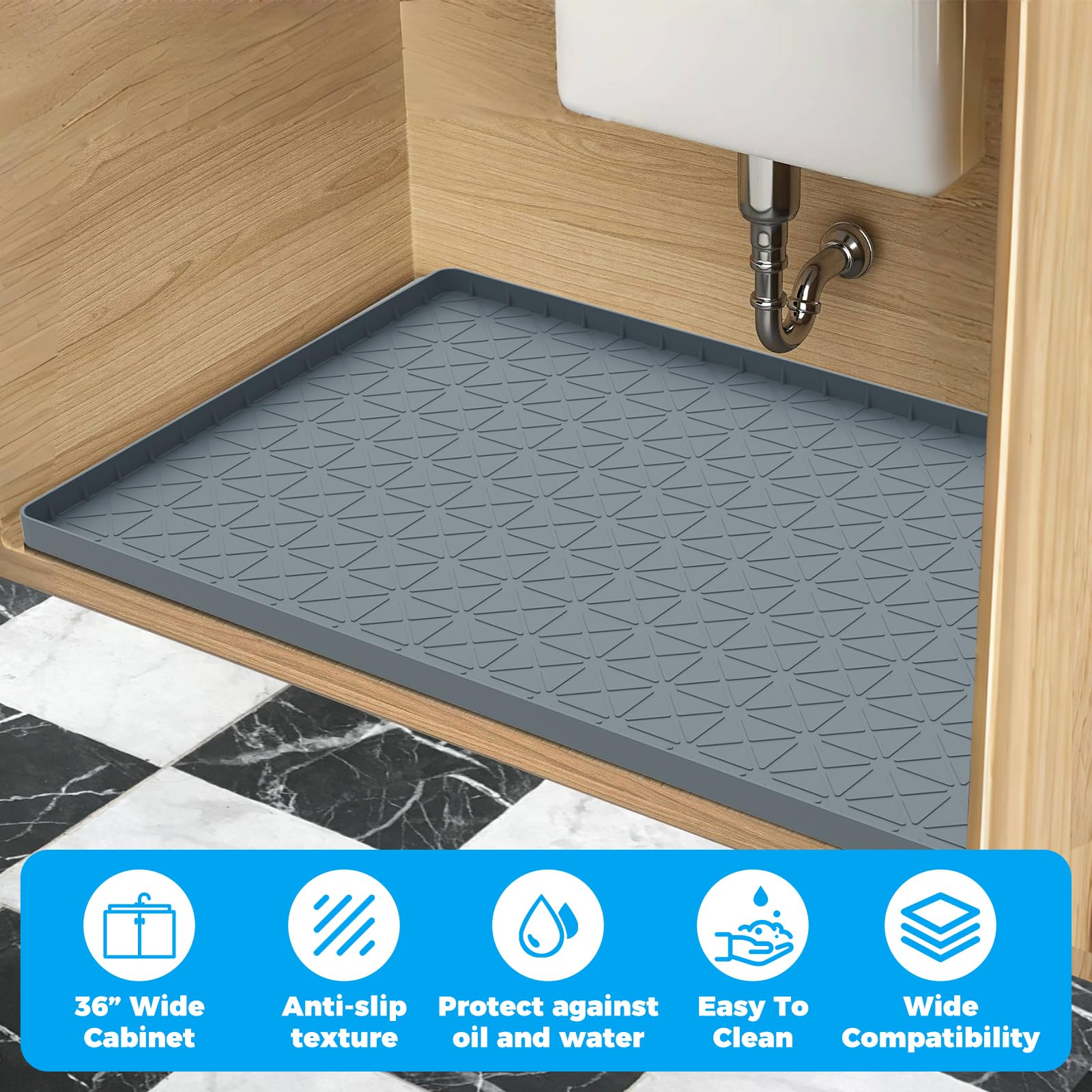 FORWOS Tappetino sotto lavello, 86,4 x 55,9 cm, tappetini in silicone per cucina, impermeabile, organizer per sottolavello e armadietto, protezione per lavello e armadio, vassoio sottolavello per