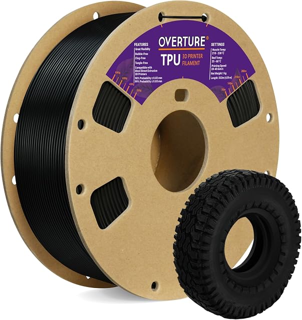 OVERTURE Filament TPU 1,75 mm z powierzchnią 3D do drukarki 3D 200 mm x 200 mm, szpula 1 kg (2,2 lbs) dokładność +/- 0,05 mm (Czarny)