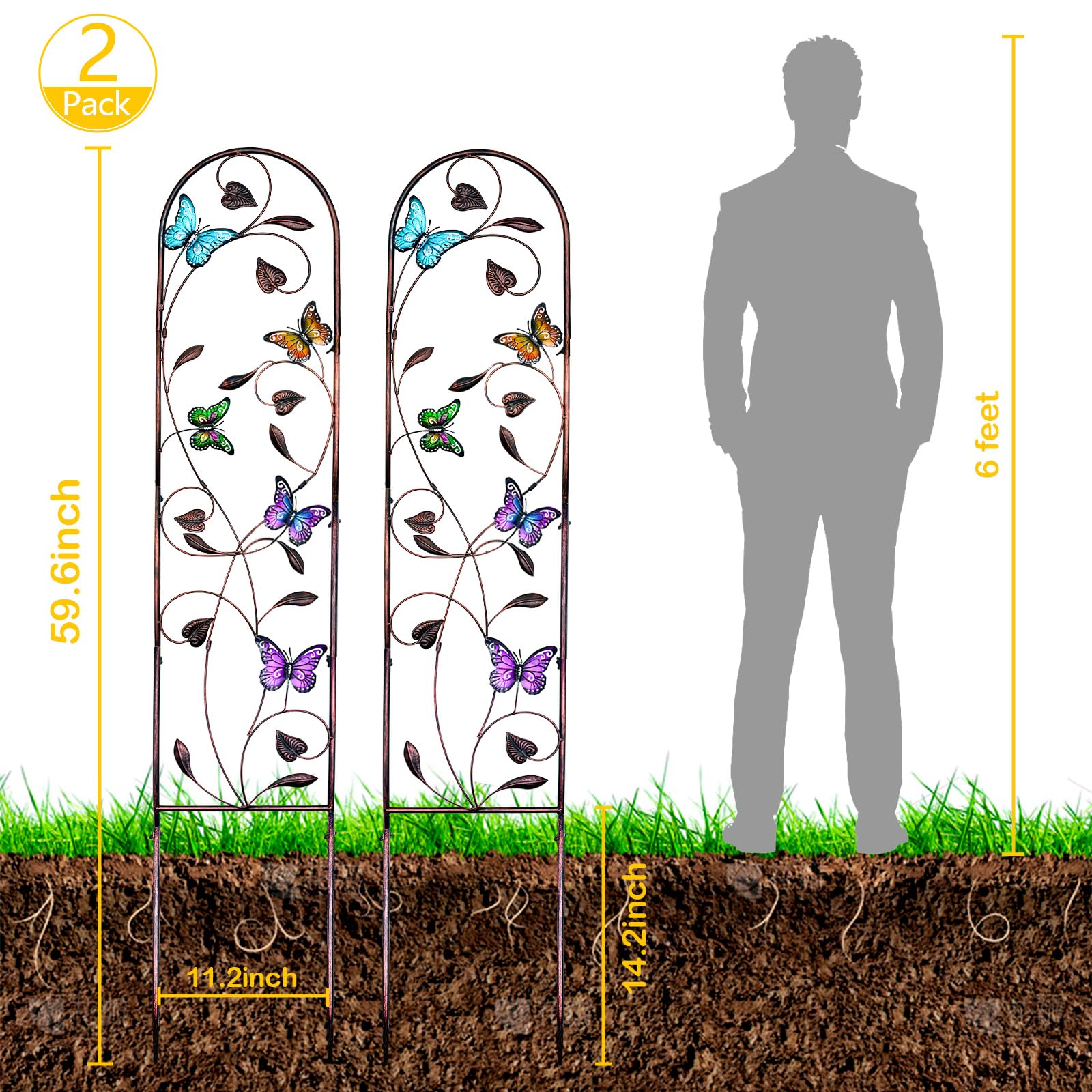aboxoo Juego de 2 enrejados de jardín de Metal de Mariposa para Plantas trepadoras, Enrejado Decorativo de Flores al Aire Libre para Patio al Aire Libre, jardín, césped, Patio, Soportes de Pared, 60