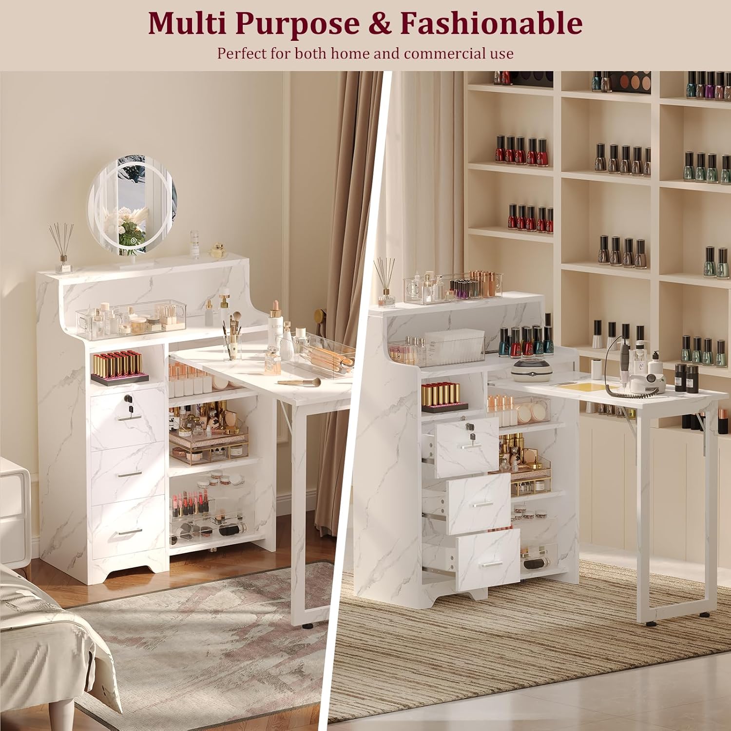 Foldable Nail Desk for Nail Tech, L Shape Manicure Table with Cabinet Drawer & Built-in Charging Station, Portable Nail Table for Beauty Salon Workstation (Marble)