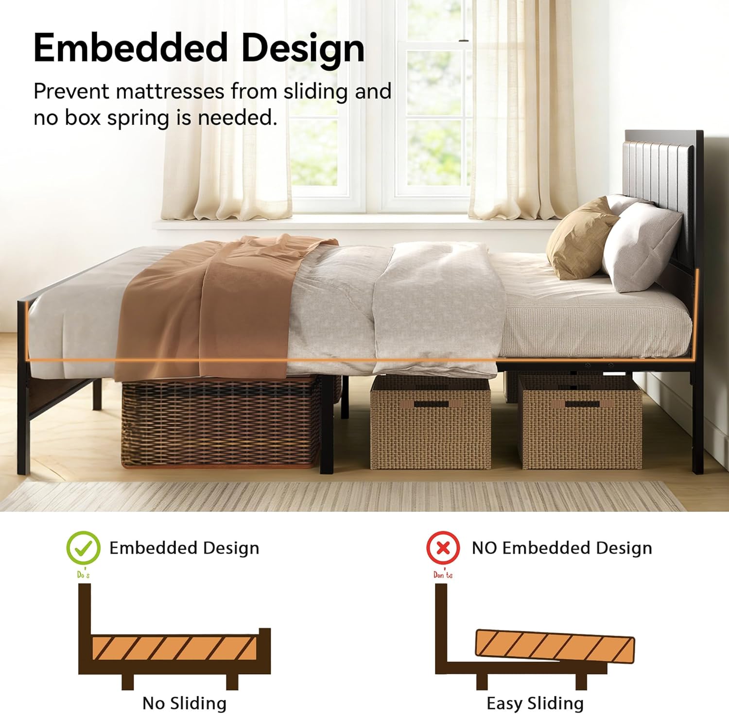 Vipbear Premium Queen Size Bed Frame with Headboard, Strong Metal Bed Frame, 1000lbs Heavy Duty, Pu Leather Headboard, No Box Spring Needed, Noise-Free, Easy Assembly, Black