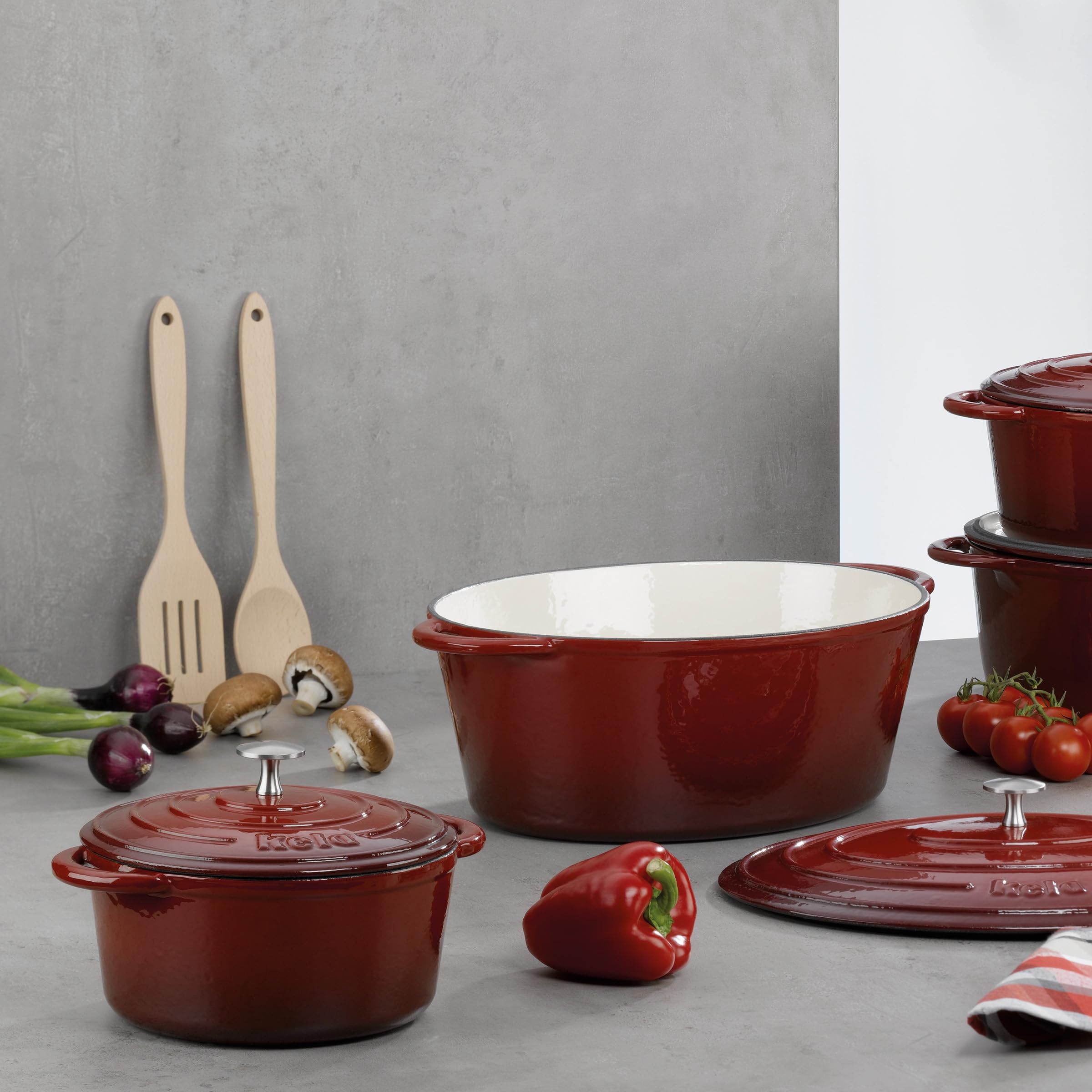 kela Cocotte en fonte ronde 3,8 litres, Dutch Oven CALIDO, Cuve en fonte à induction avec couvercle, émaillée, rouge