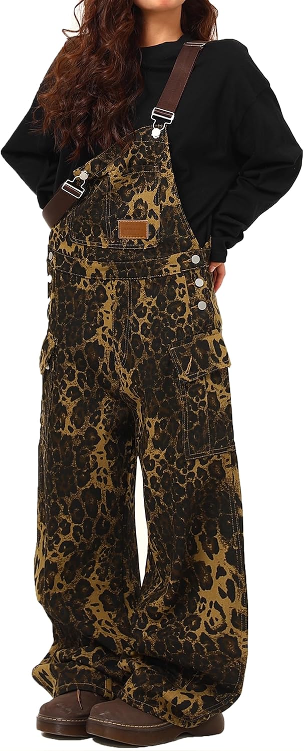 VOLYMOON Women's Leopard Print Overalls Jeans Loose Fit Bib Wide Leg Denim Jumpsuit Y2K Streetwear Baggy Pants