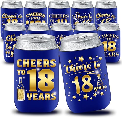 12 fundas para enfriar latas de cumpleaños de 18 años, color azul y dorado, decoración de cumpleaños número 18 para niños y niñas, para fiestas de