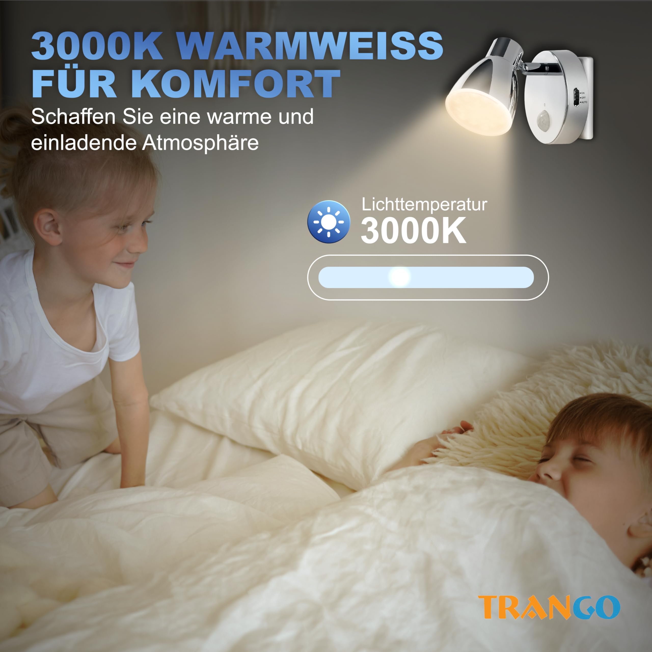 Trango 2635-018 LED Sensor Nachtlicht – Chrom – Drehbar & Schwenkbar – Automatikfunktion – Bewegungssensor – 230V Steckdosenlampe – Sicherheits- & Orientierungslicht