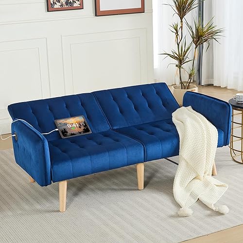 Miniatura 46 de TYBOATLE Sofá cama tipo futón convertible de 65 pulgadas con 2 USB, sofá biplaza tapizado capitoné pequeño y ajustable, moderno de mediados de siglo