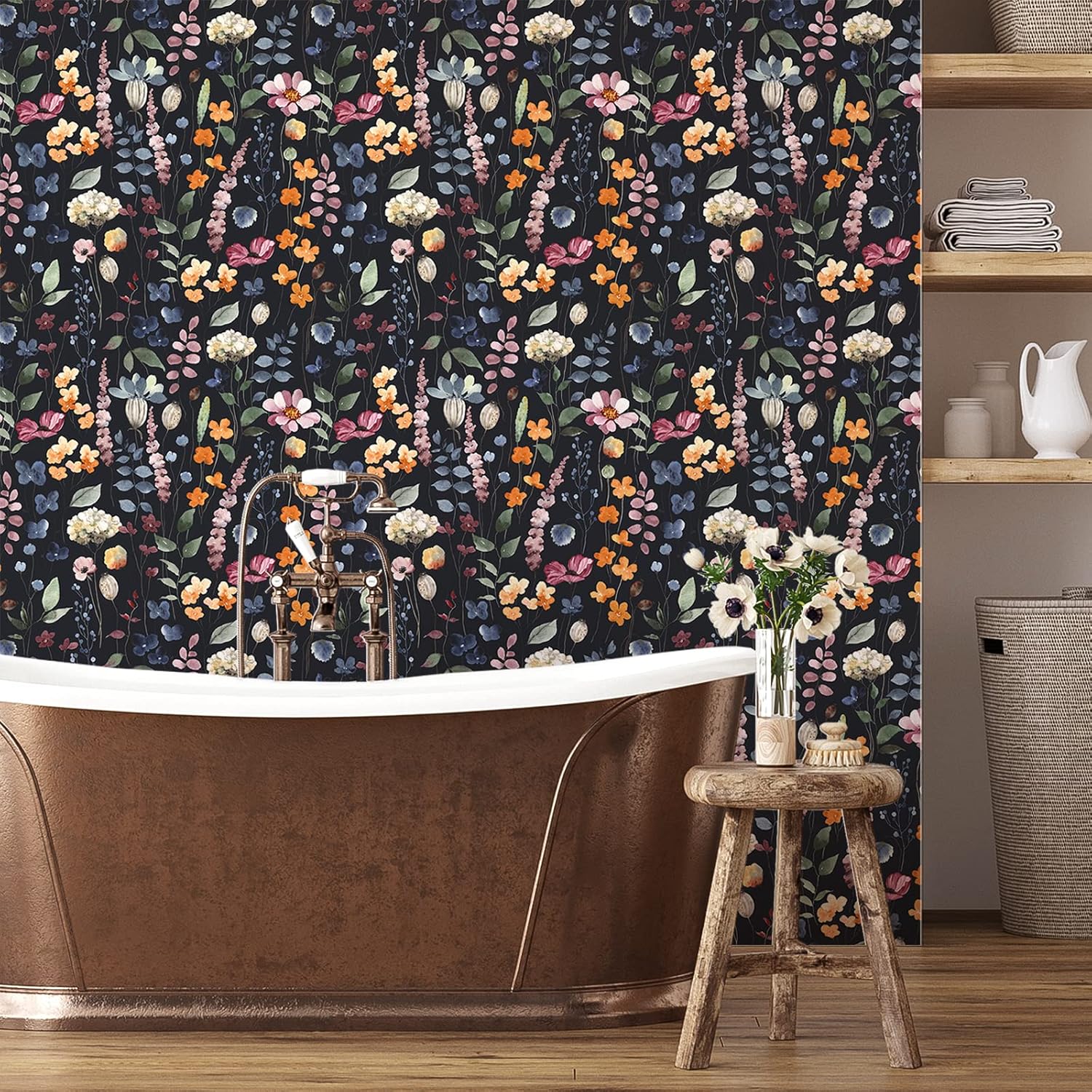 VEELIKE Dark Floral Peel and Stick Wallpaper - Vintage Pressed Leaves Floral Wallpaper Roll 17.7''x354'' Self Adhesive Decorative Contact Paper Removable for Bedroom Bathroom Walls