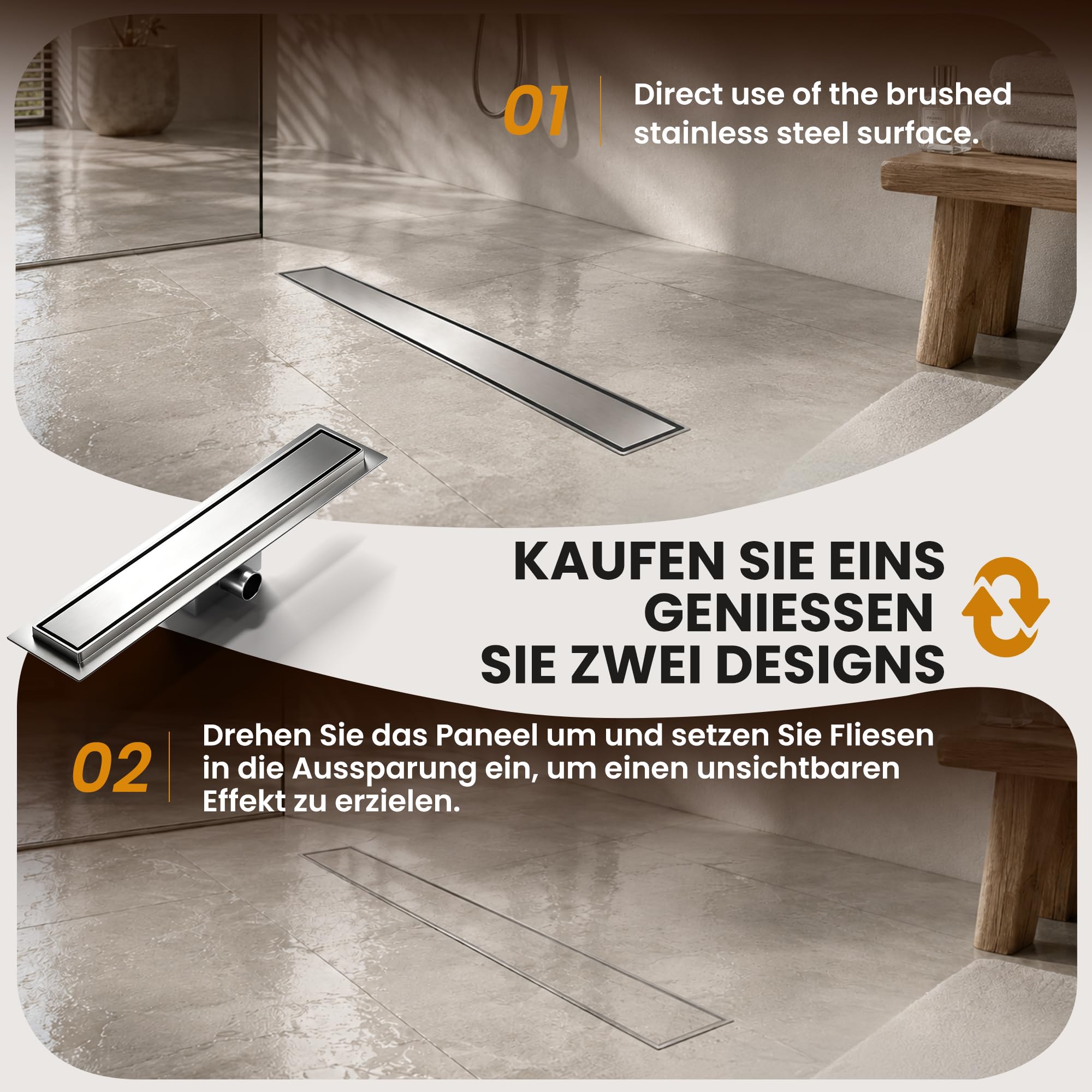 Befliesbar Duschrinne 80 cm | AISI 304 Edelstahl Duschablauf mit Geruchsfreiem Siphon, Haarfilter, Barrierefreiem Design für Bodengleiche Dusche