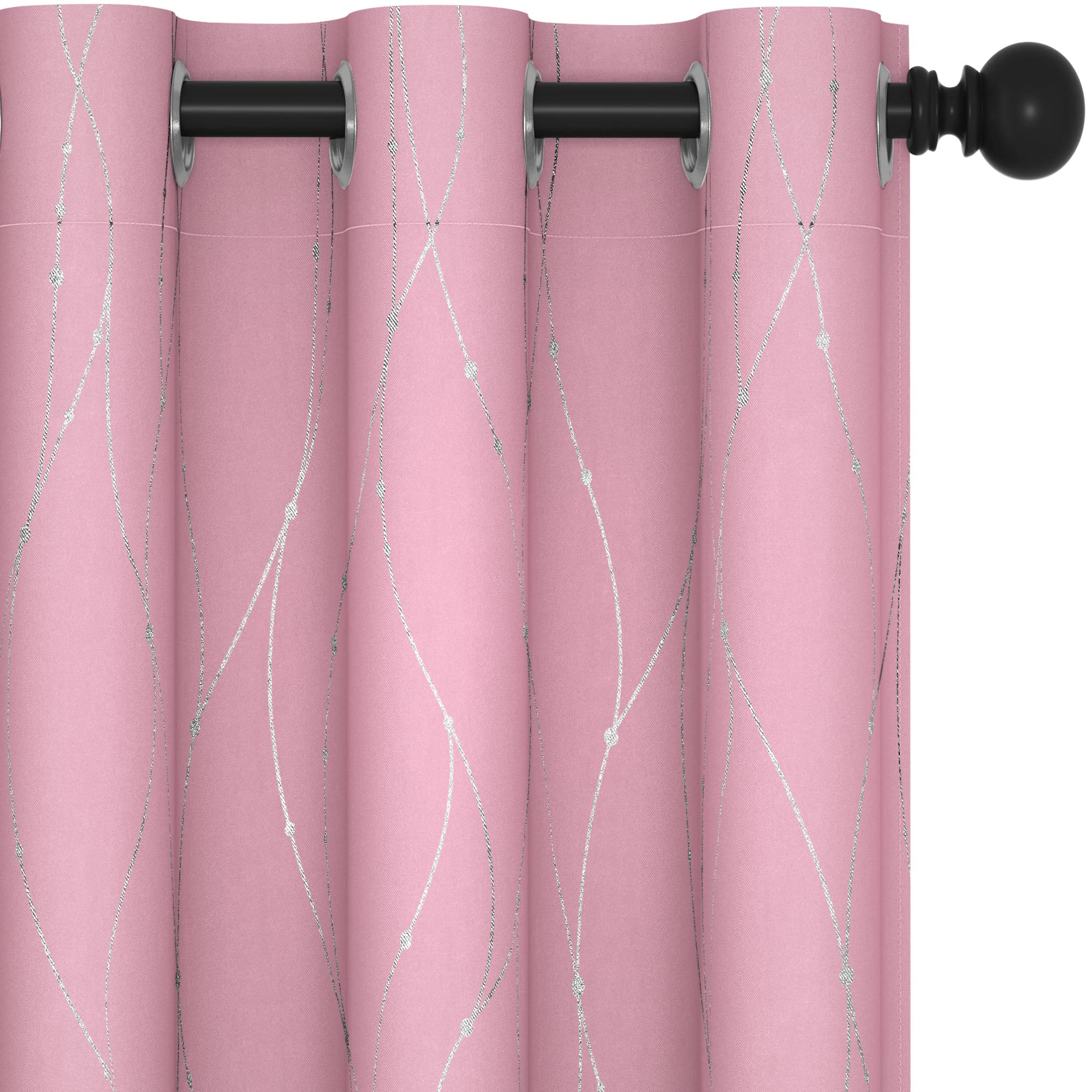Deconovo Short Blackout Curtain, Pink Curtain, Thermal Insulated Soundproof Grommet Drapes, Wave Line Dot Foil Print, 38 x 45 Inch, 2 Panels,