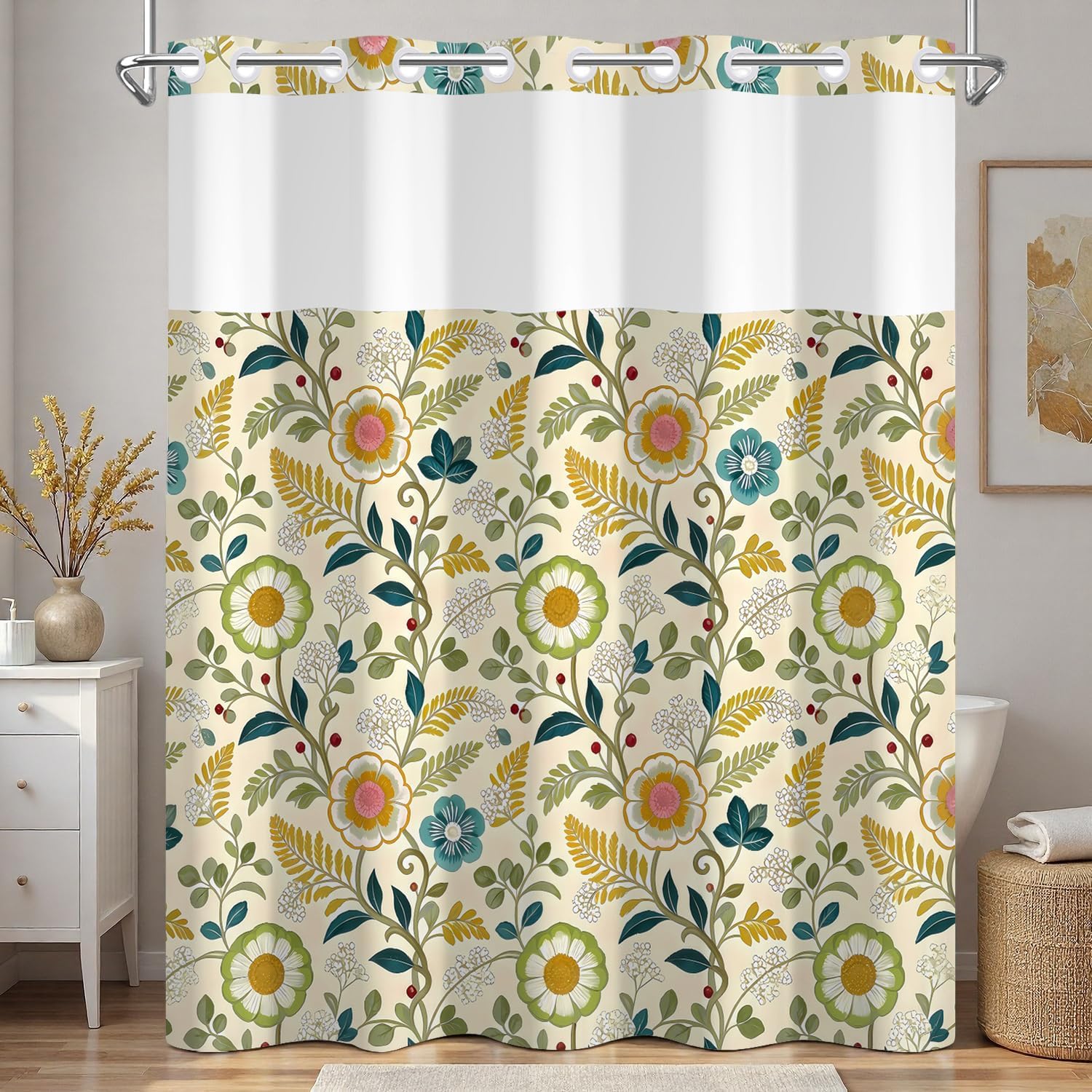 Boho Floral Bath Shower Curtain with Snap in Liner, 71x74 Inch