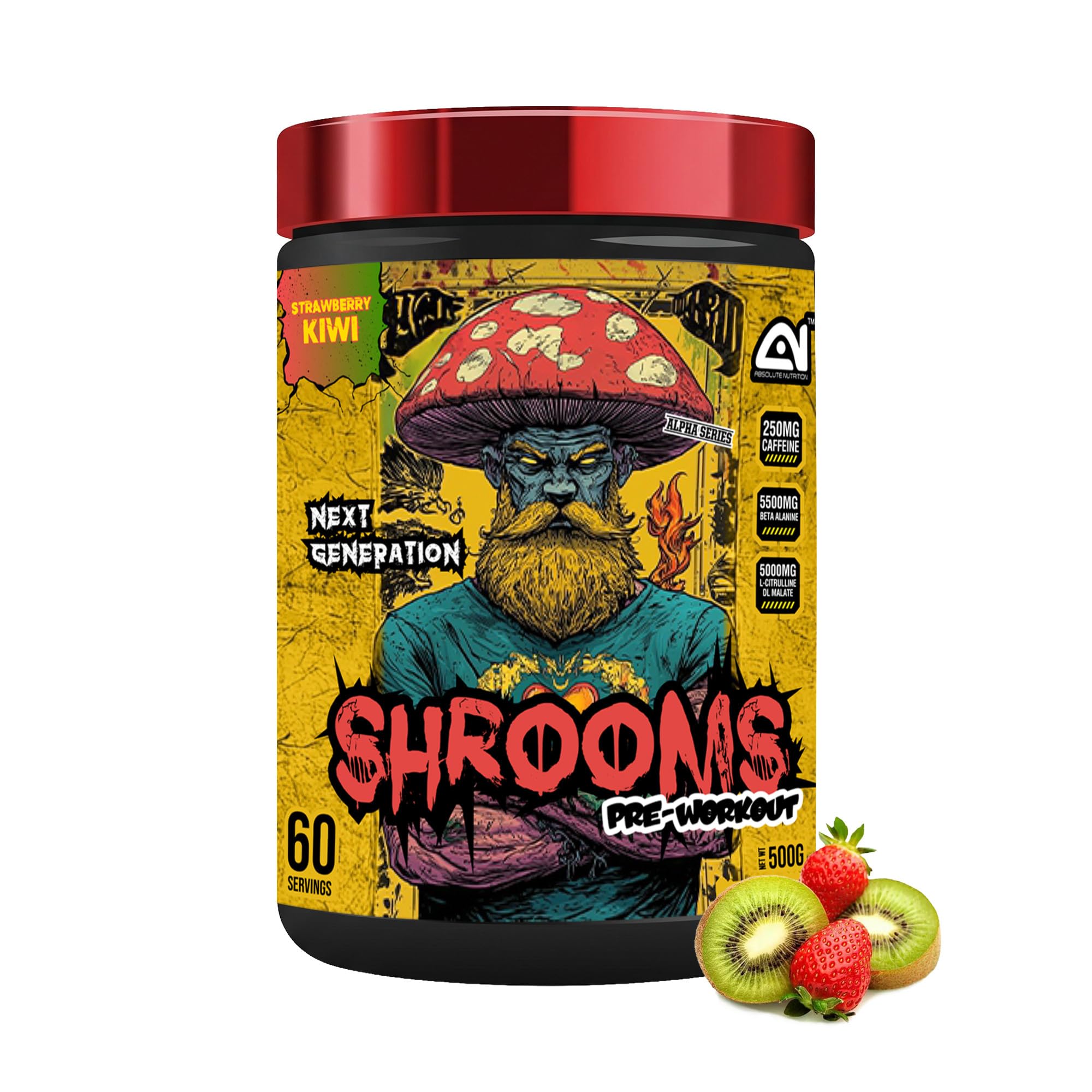 absolute nutrition shrooms pre workout powder (60 servings, 500g) | with beta alanine, l-citrulline dl-malate 2:1, cocoa bean extract & bitter orange | (strawberry kiwi)