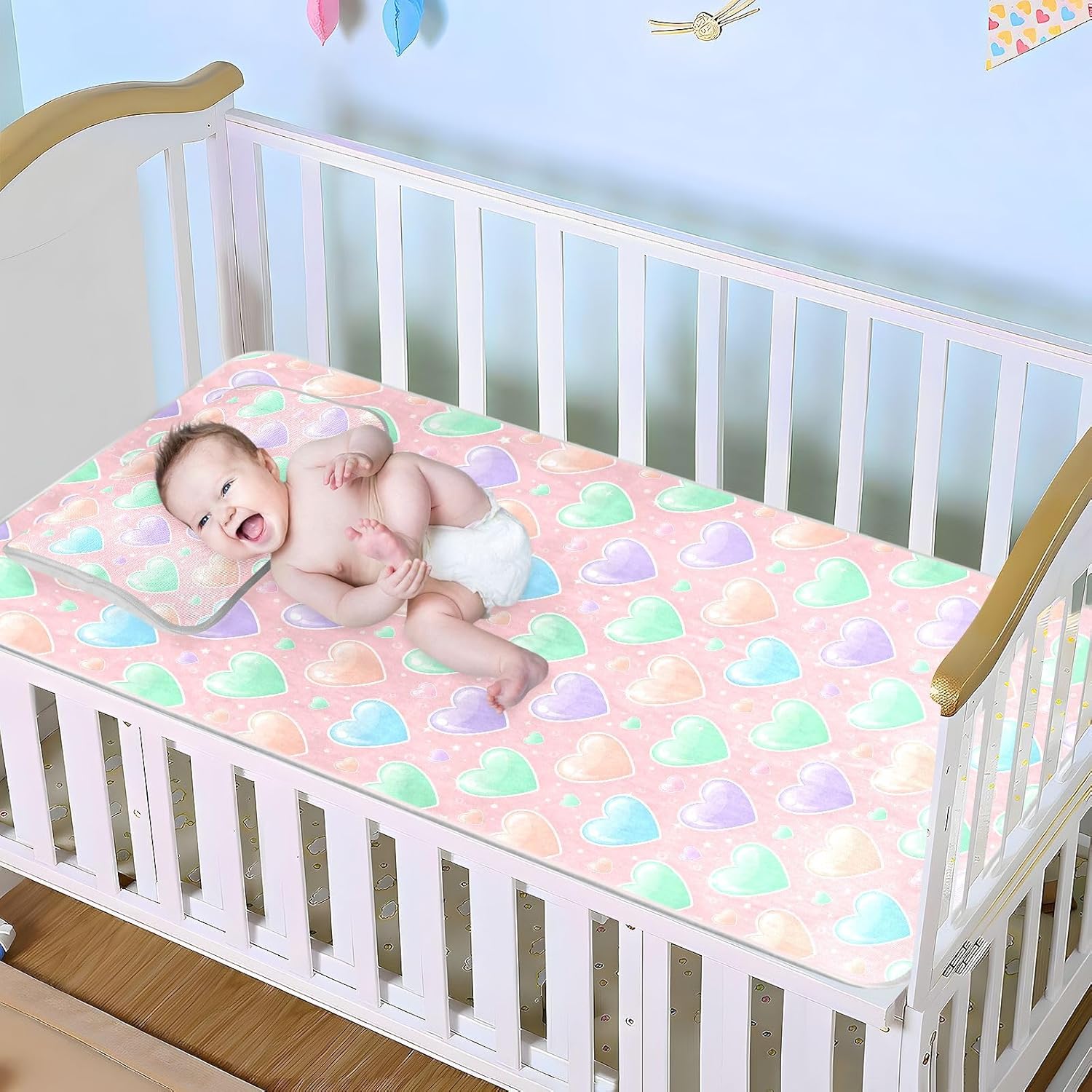 Baby Cooling Mat Pastel Heart Pattern Ice Silk Breathable Mesh Summer Crib Mattress Pad with Pillowcase, Soft Cooling Sleeping Surface for Infant & Toddler, 52"x28"