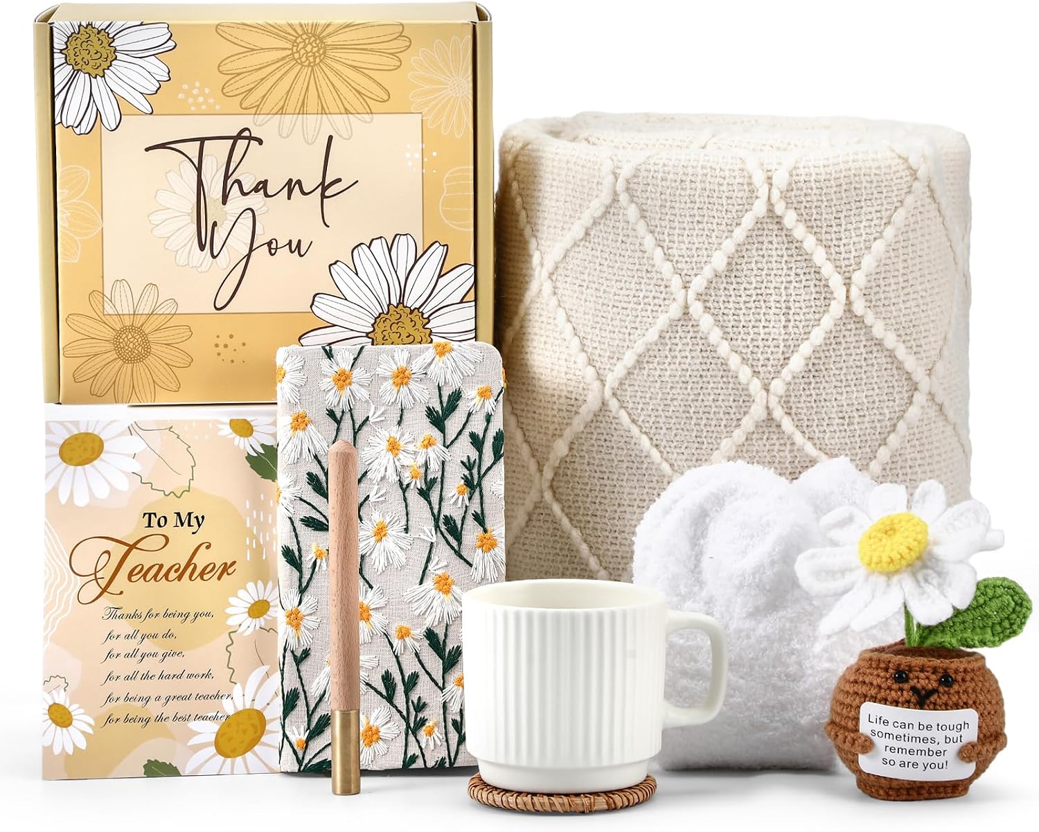 Remerry Thank You Teacher Gifts for Women Teacher Appreciation Gift End of Year Gift Basket with Box Blanket Mug Journal Socks and Greeting Card for Teachers Women Graduation Set of 9(Sunflower)