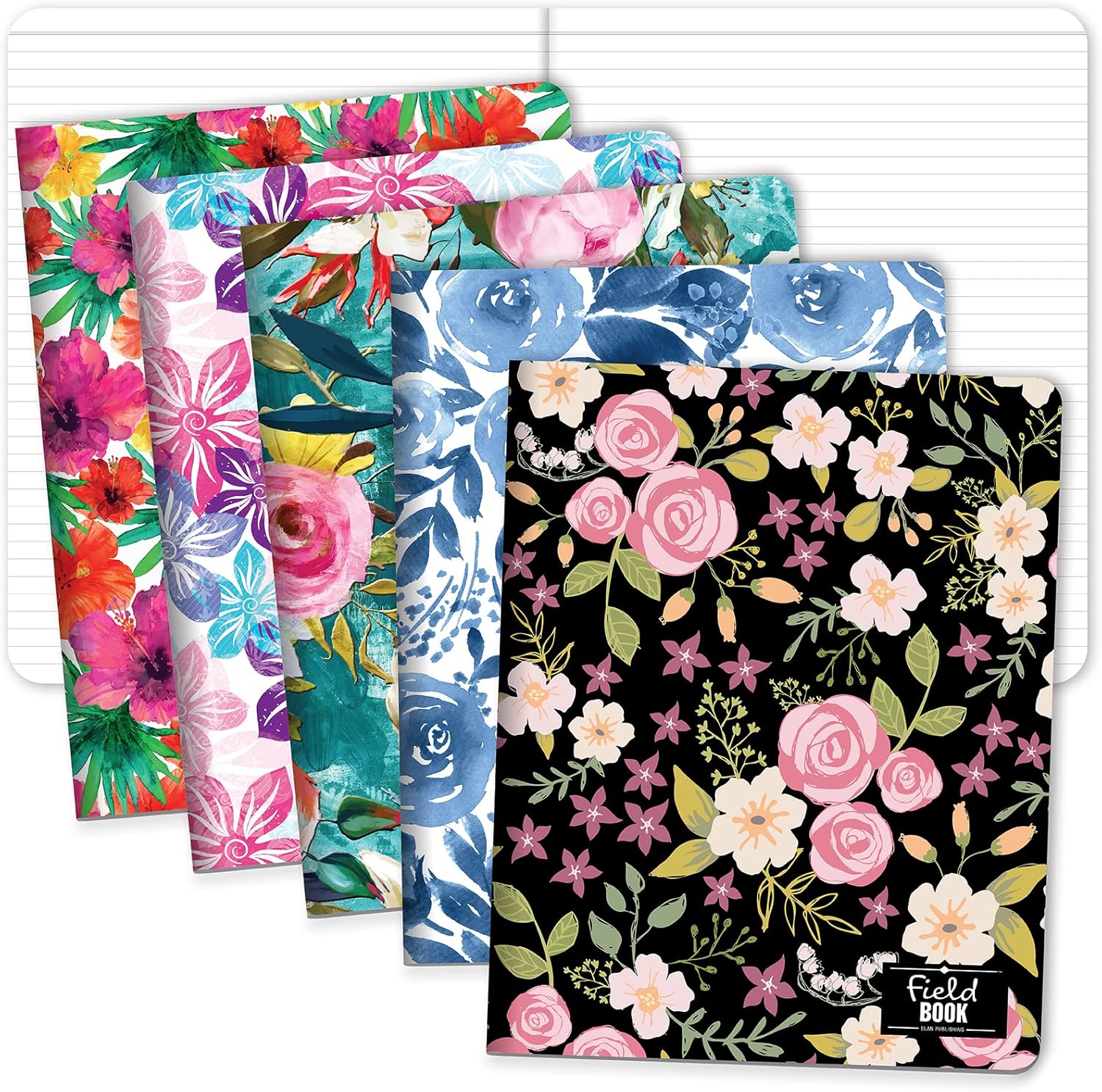 Elan Publishing Company Field Notebook/Journal - 8"x10" - Floral Coveres - Lined - Pack of 5