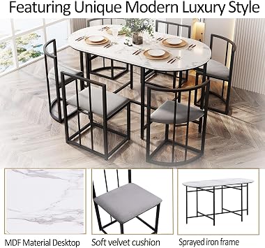 ModernLuxe Modern Dining Room Set, 6-Piece, White Marble Pattern Table, Grey Upholstered Chairs with Backrests, Black Iron Frame