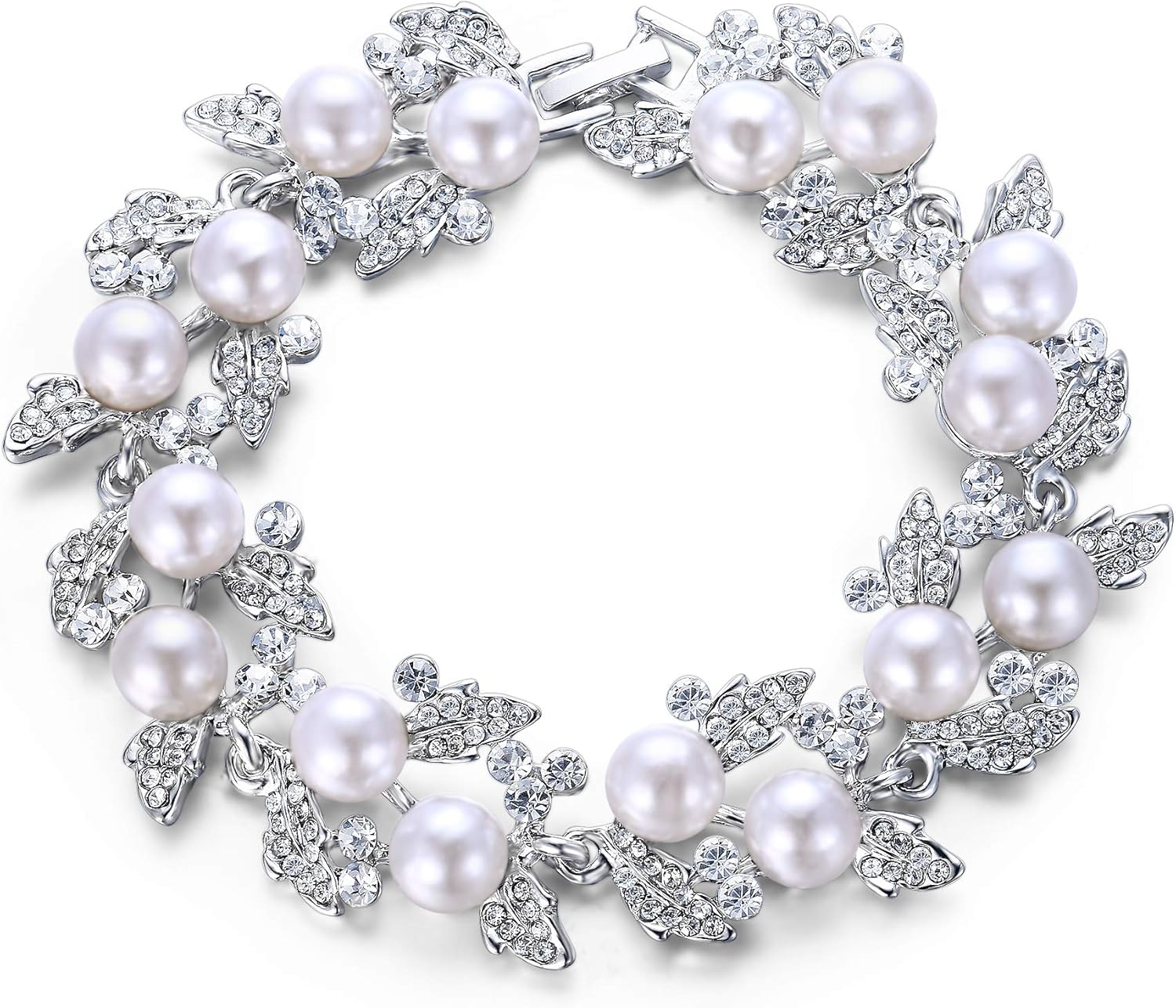 EVER FAITH Bridal Silver-Tone Simulated Pearl Flower Leaf Clear Austrian Crystal Bracelet - Image 4